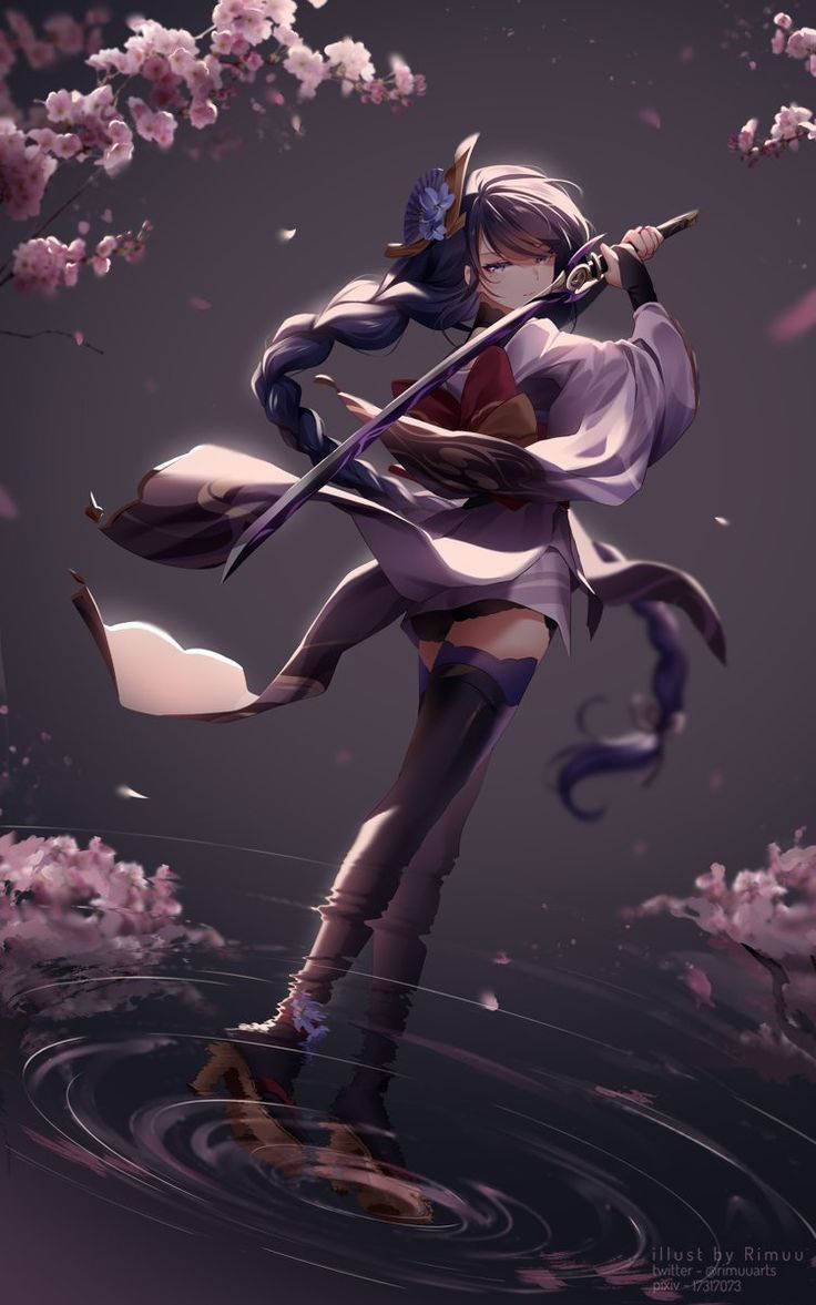 Genshin Impact, Raiden Shogun, anime warrior, SD Phone Wallpaper