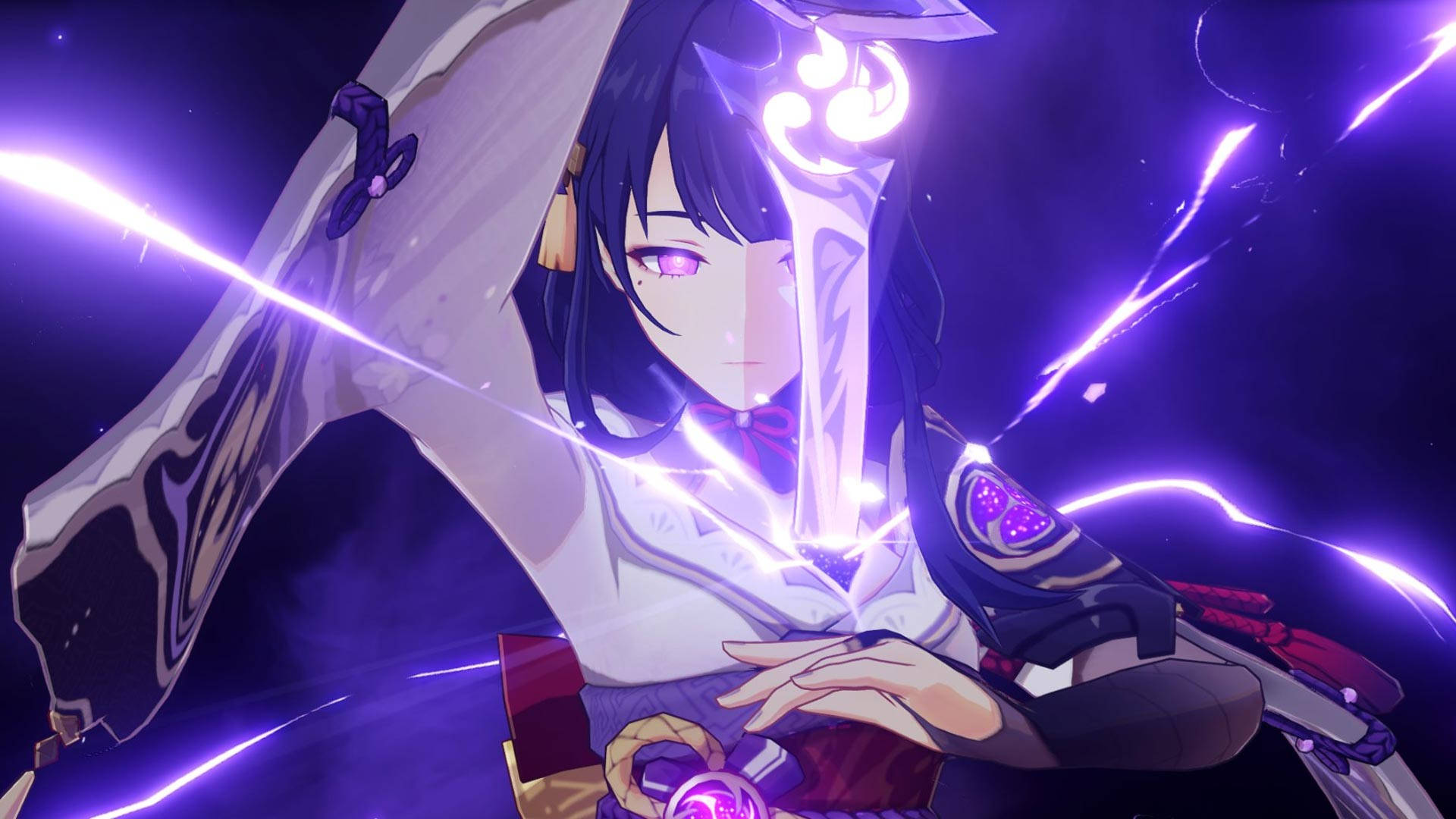 Genshin Impact, Raiden Shogun, glowing purple sword, Full HD Desktop Wallpaper