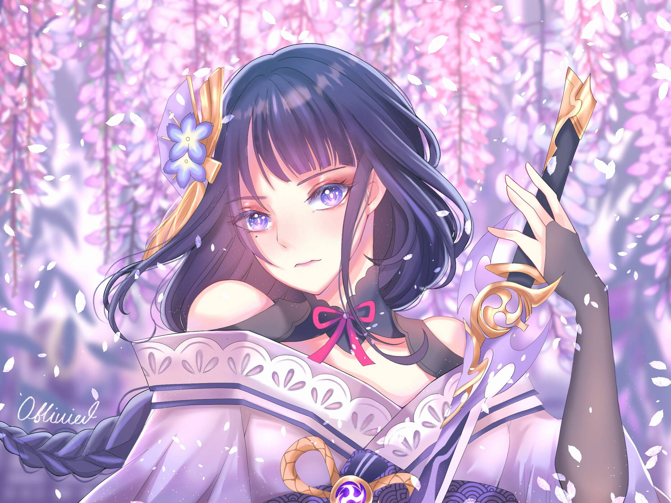 Genshin Impact, Raiden Shogun, purple hair, Full HD Desktop Wallpaper