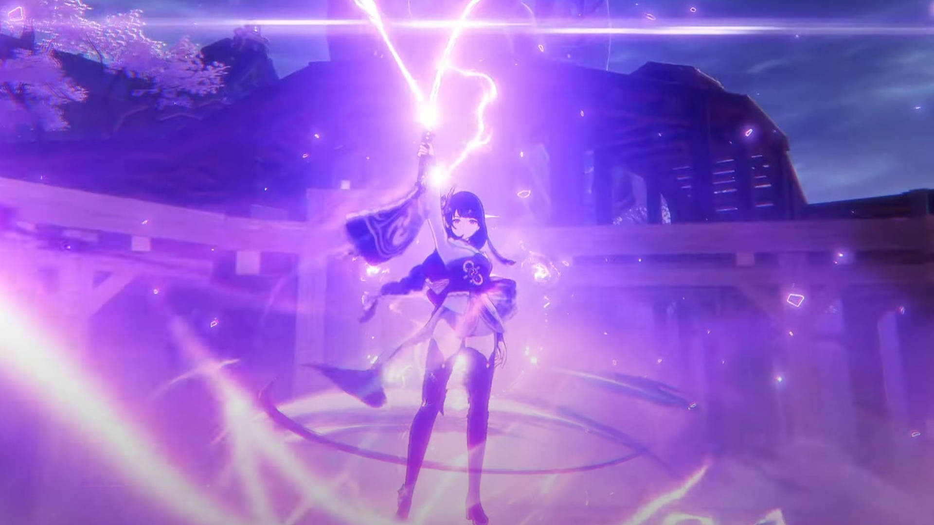 Genshin Impact, Raiden Shogun, v strike lighting, Full HD Desktop Wallpaper