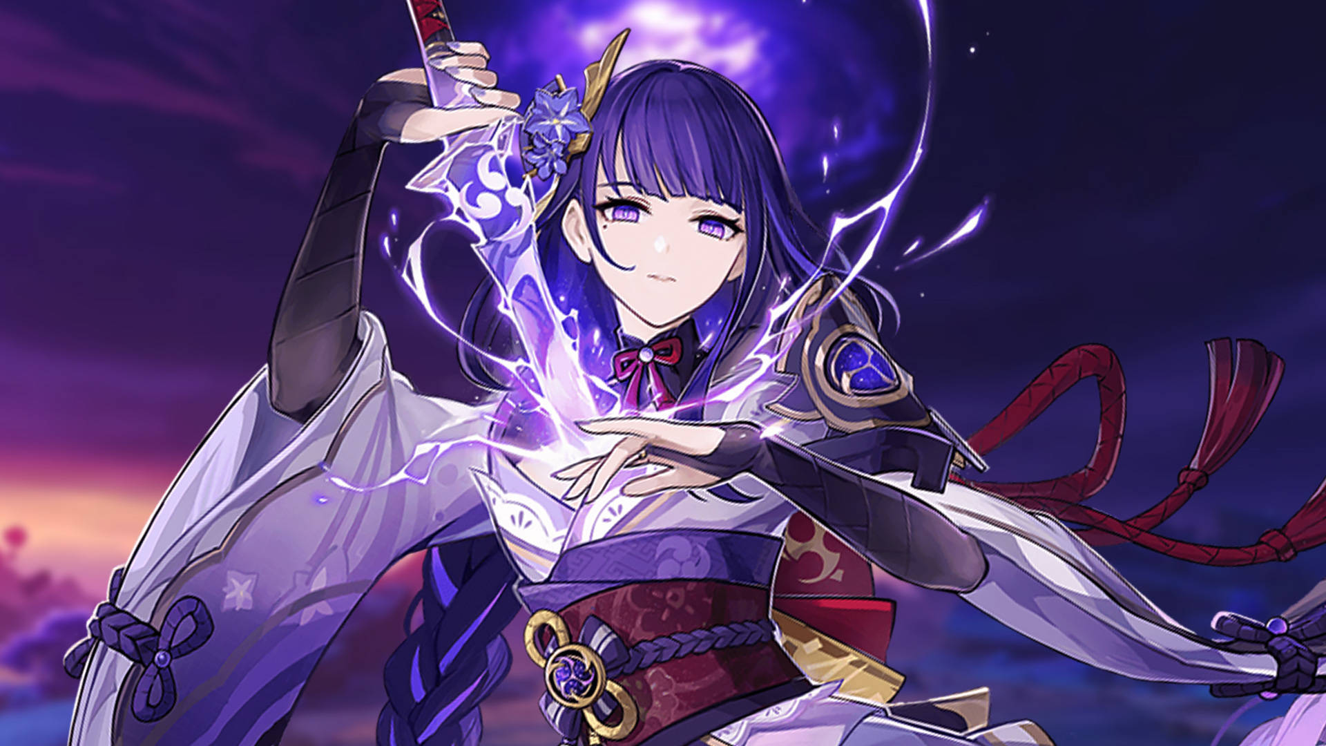 Genshin Impact, Raiden Shogun, purple-haired, Full HD Desktop Wallpaper