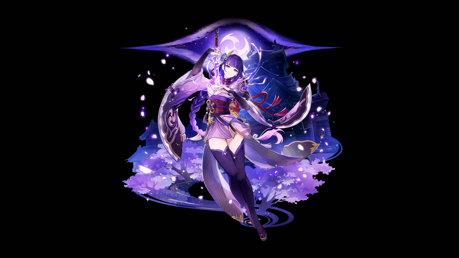 Genshin Impact, Raiden Shogun, purple-haired, Full HD Desktop Wallpaper