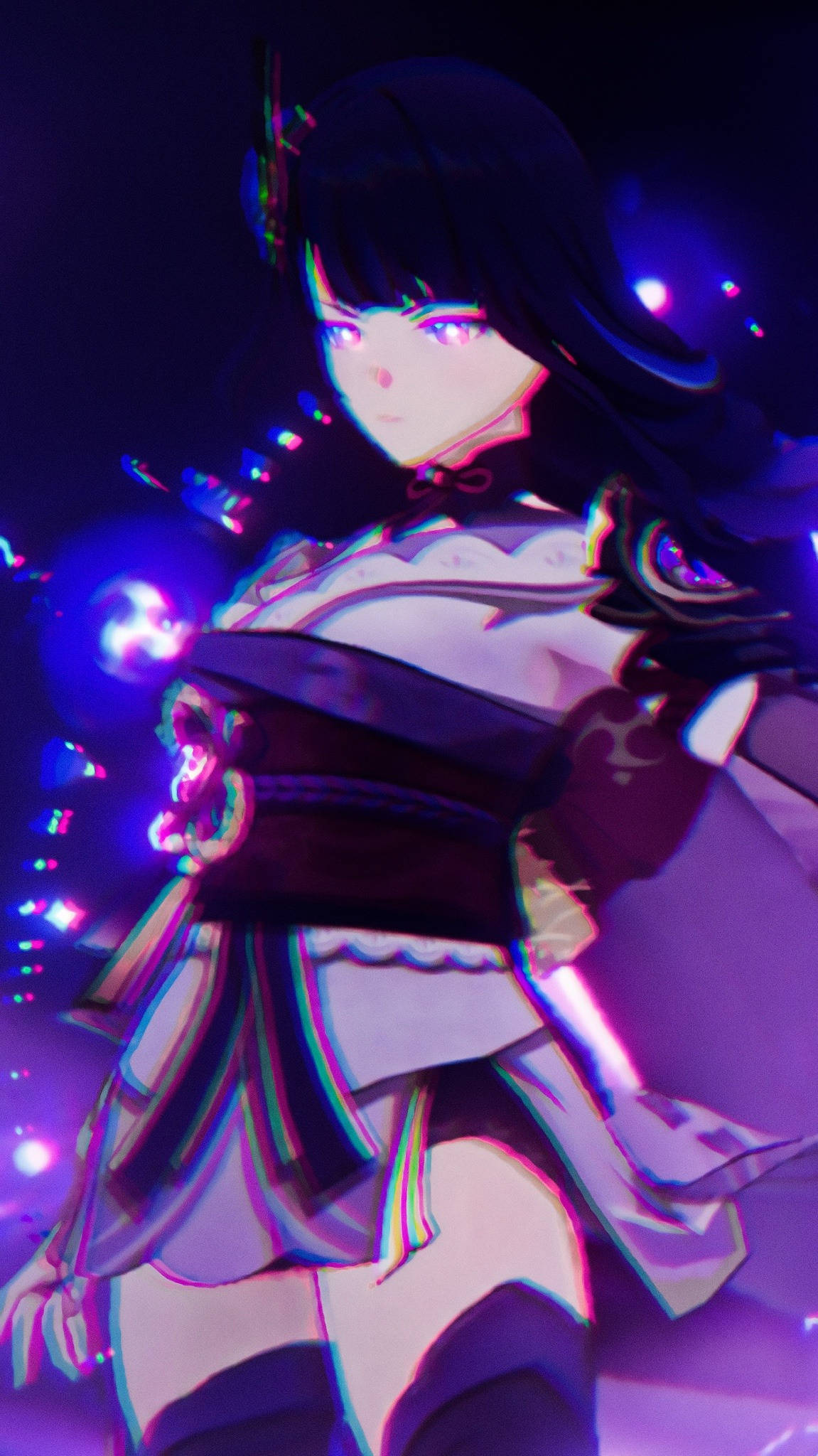 Raiden Shogun, Genshin Impact, neon-lit scene, Full HD Phone Wallpaper