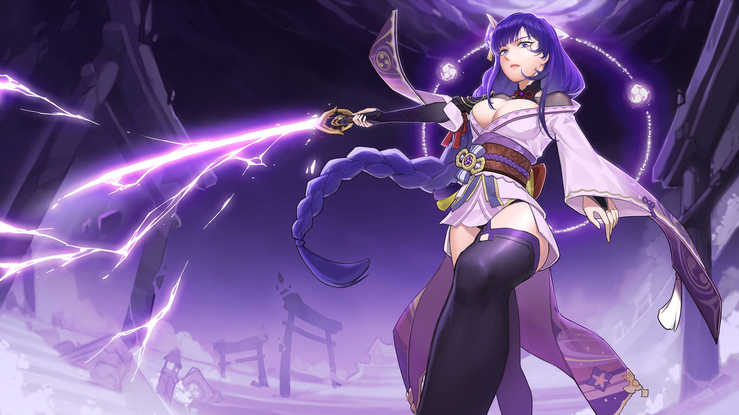 Raiden Shogun, purple-haired, traditional attire, 2K Desktop Wallpaper