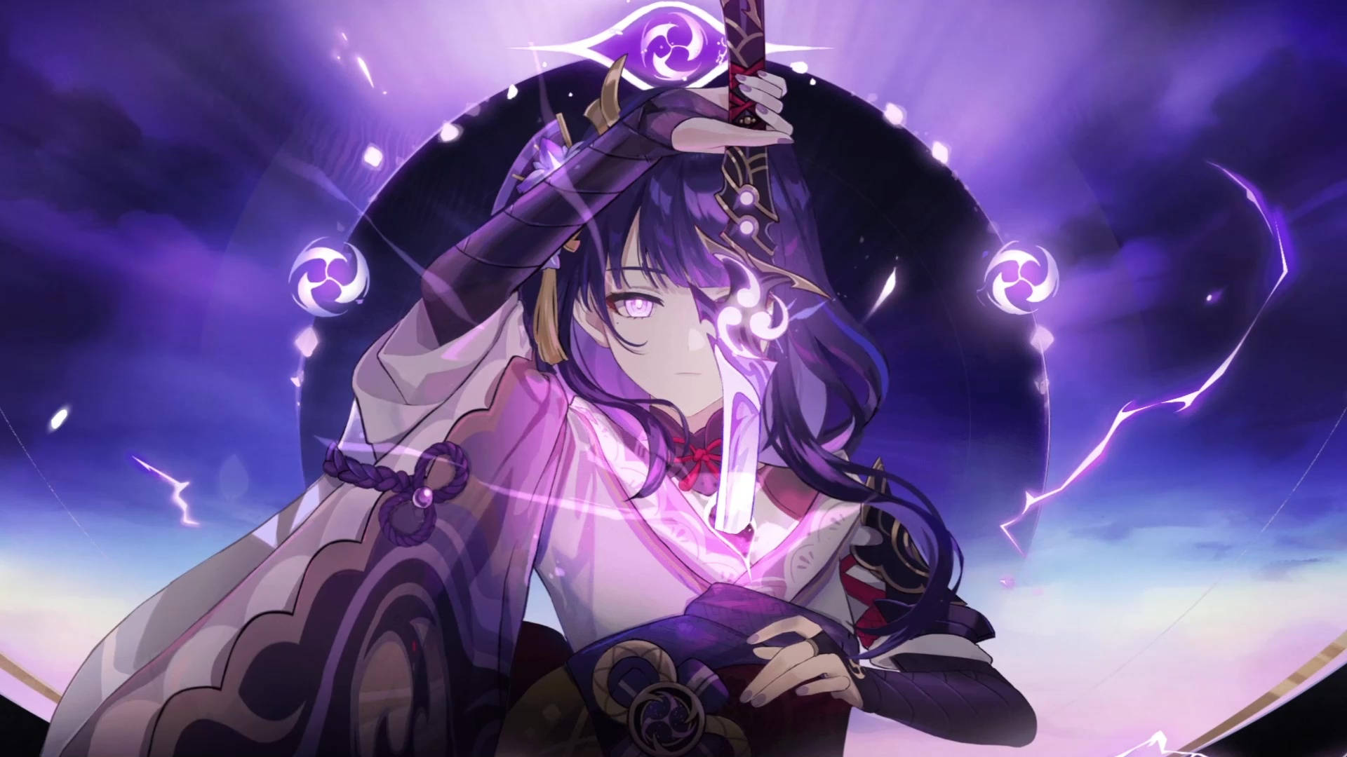 Raiden Shogun, purple-haired, traditional attire, Full HD Desktop Wallpaper