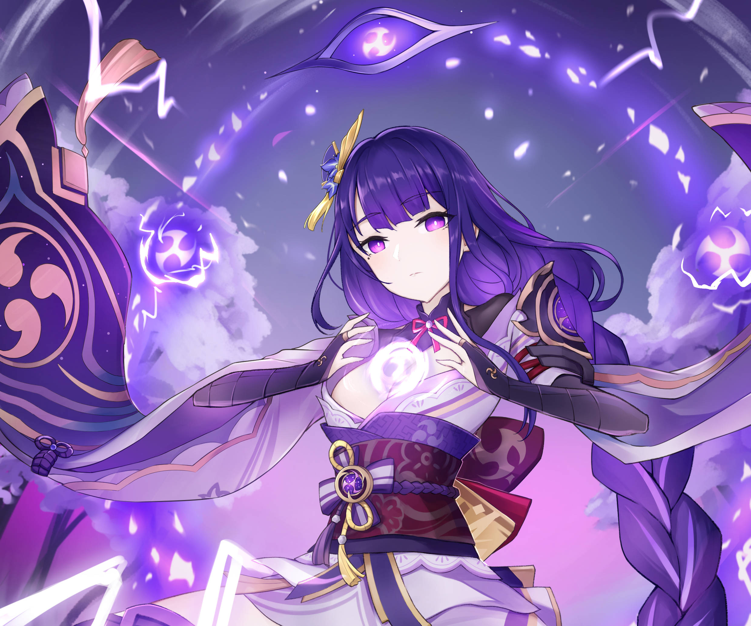 Genshin Impact, Raiden Shogun, purple-haired anime girl, Full HD Desktop Wallpaper