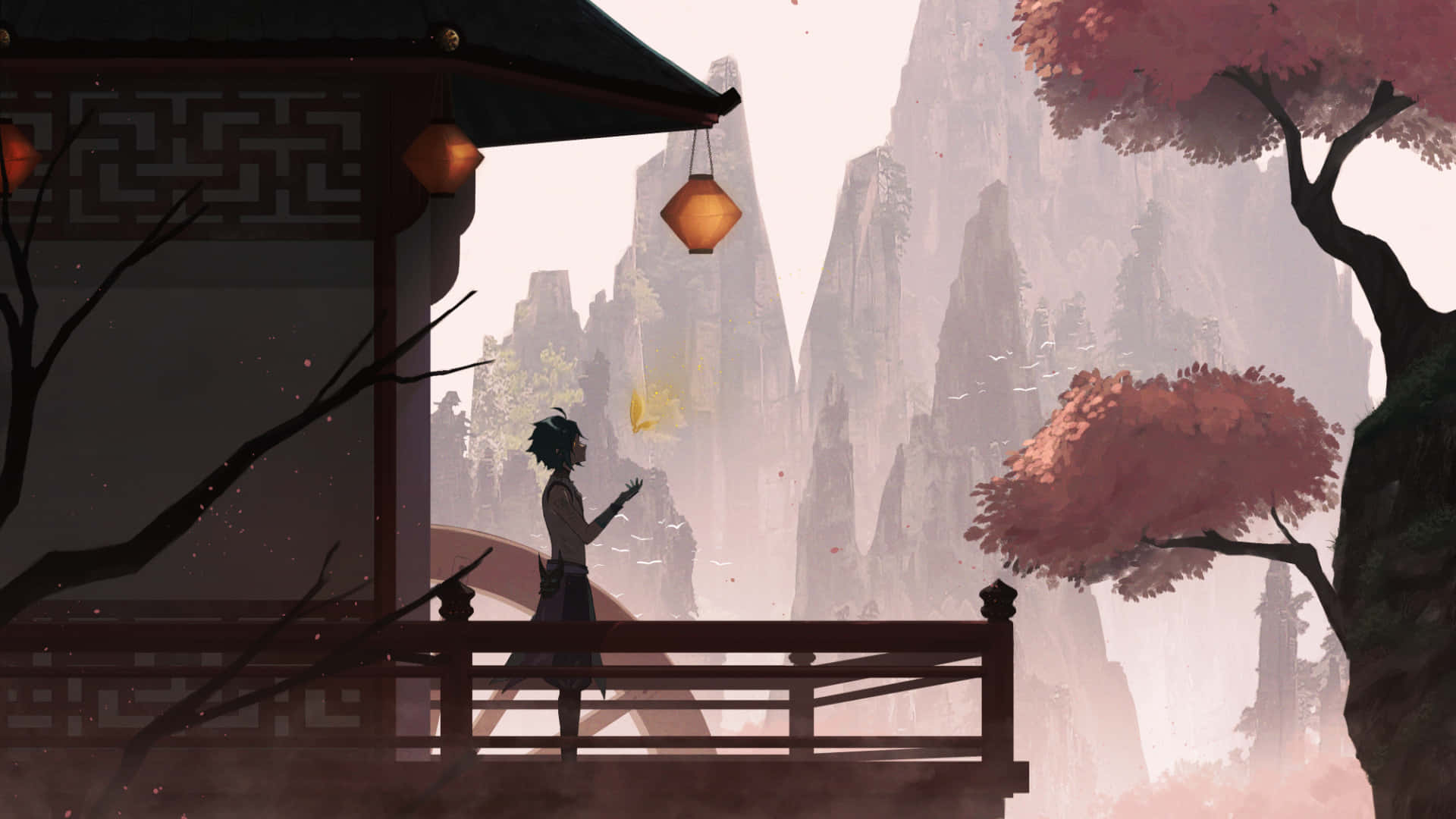 Genshin Impact, Xiao, traditional wooden balcony, Full HD Desktop Wallpaper