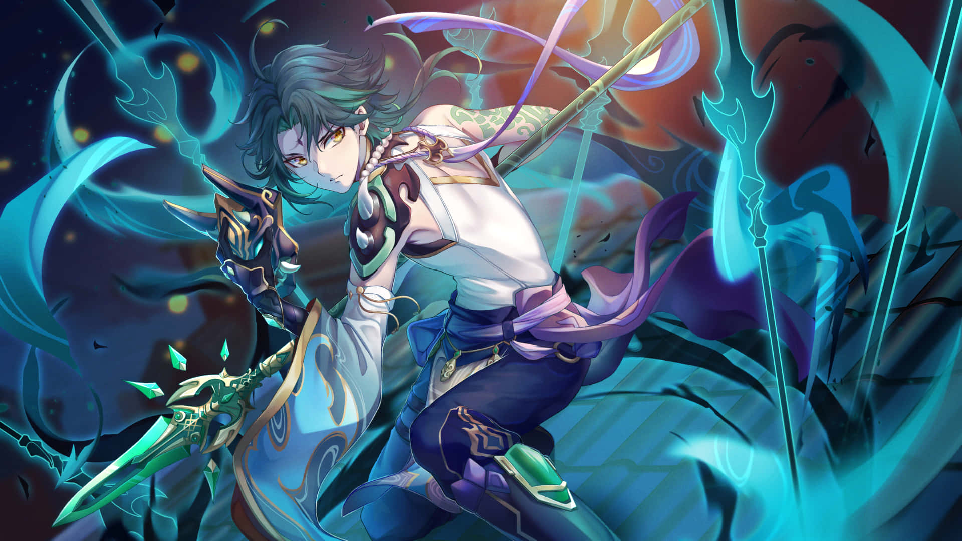 Genshin Impact, Xiao, green hair, Full HD Desktop Wallpaper