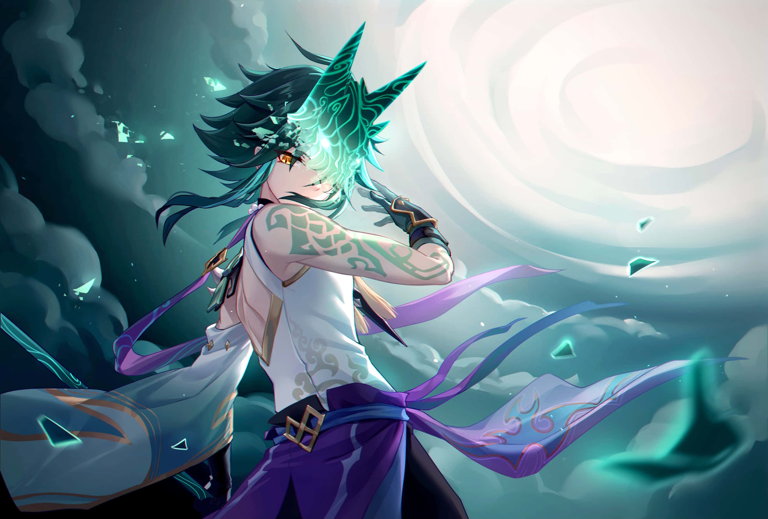 Genshin Impact, Xiao, glowing green markings, 2K Desktop Wallpaper