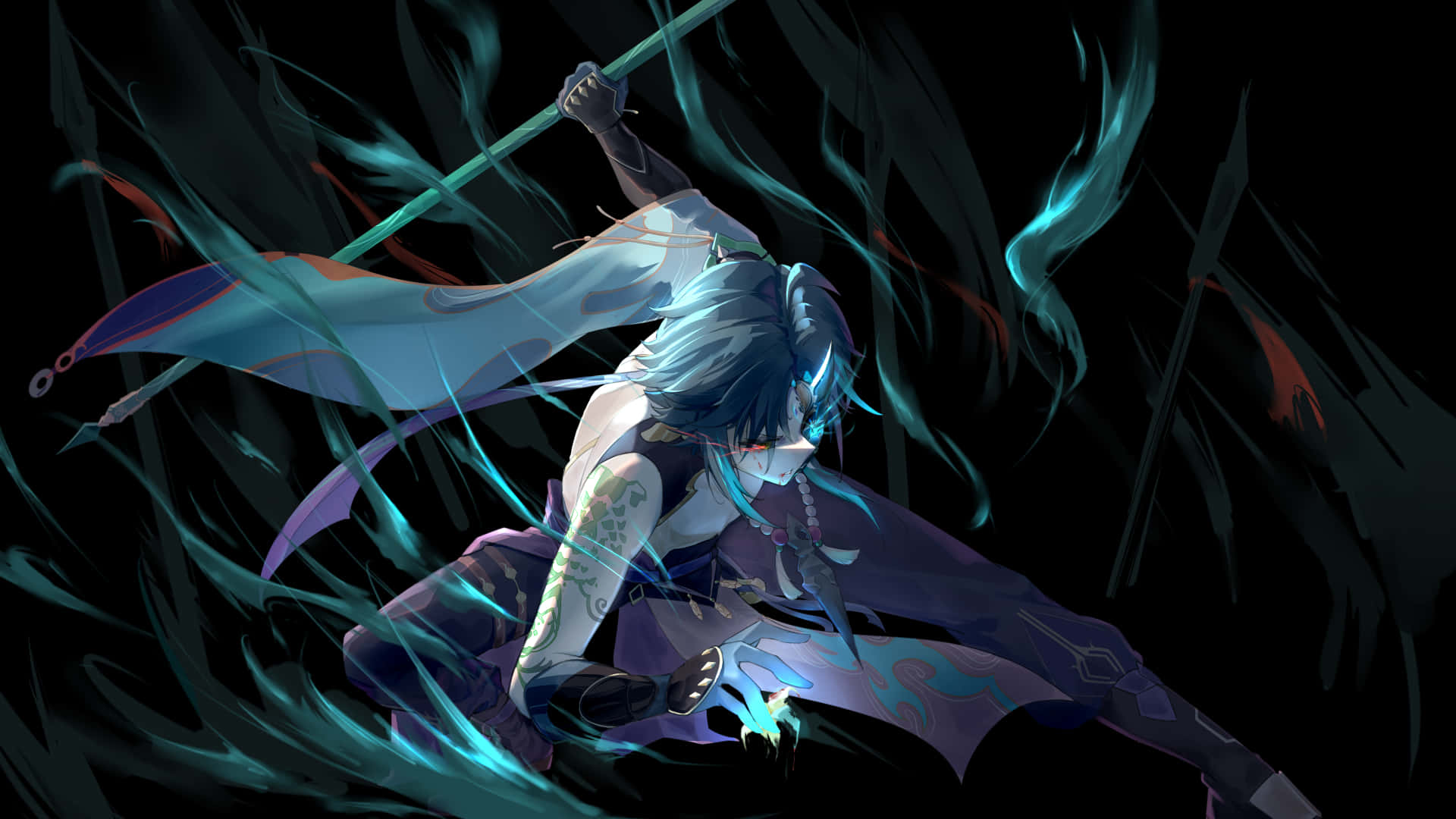 Genshin Impact, Xiao, blue-haired, Full HD Desktop Wallpaper