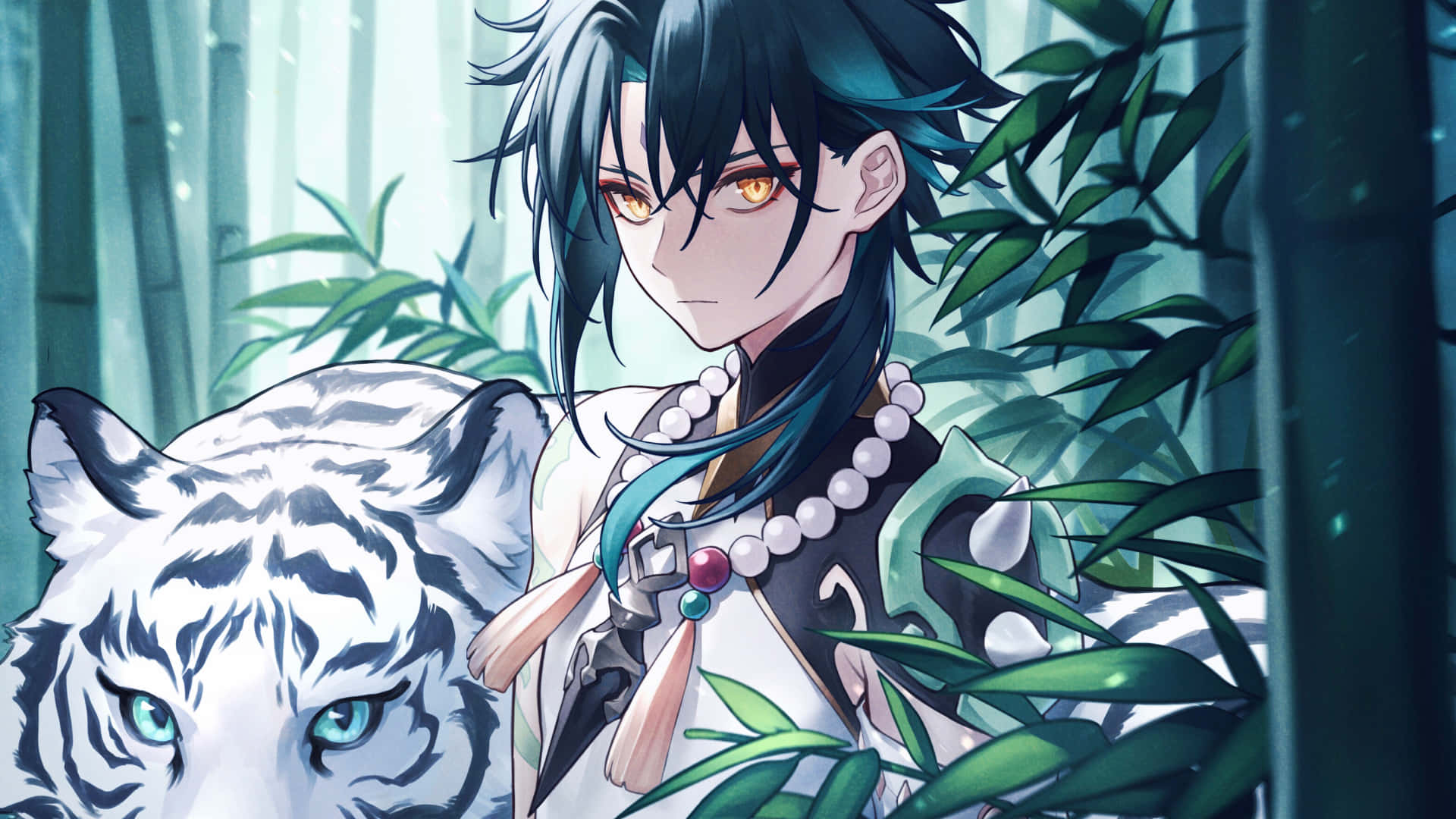 Genshin Impact, Xiao, teal hair, Full HD Desktop Wallpaper