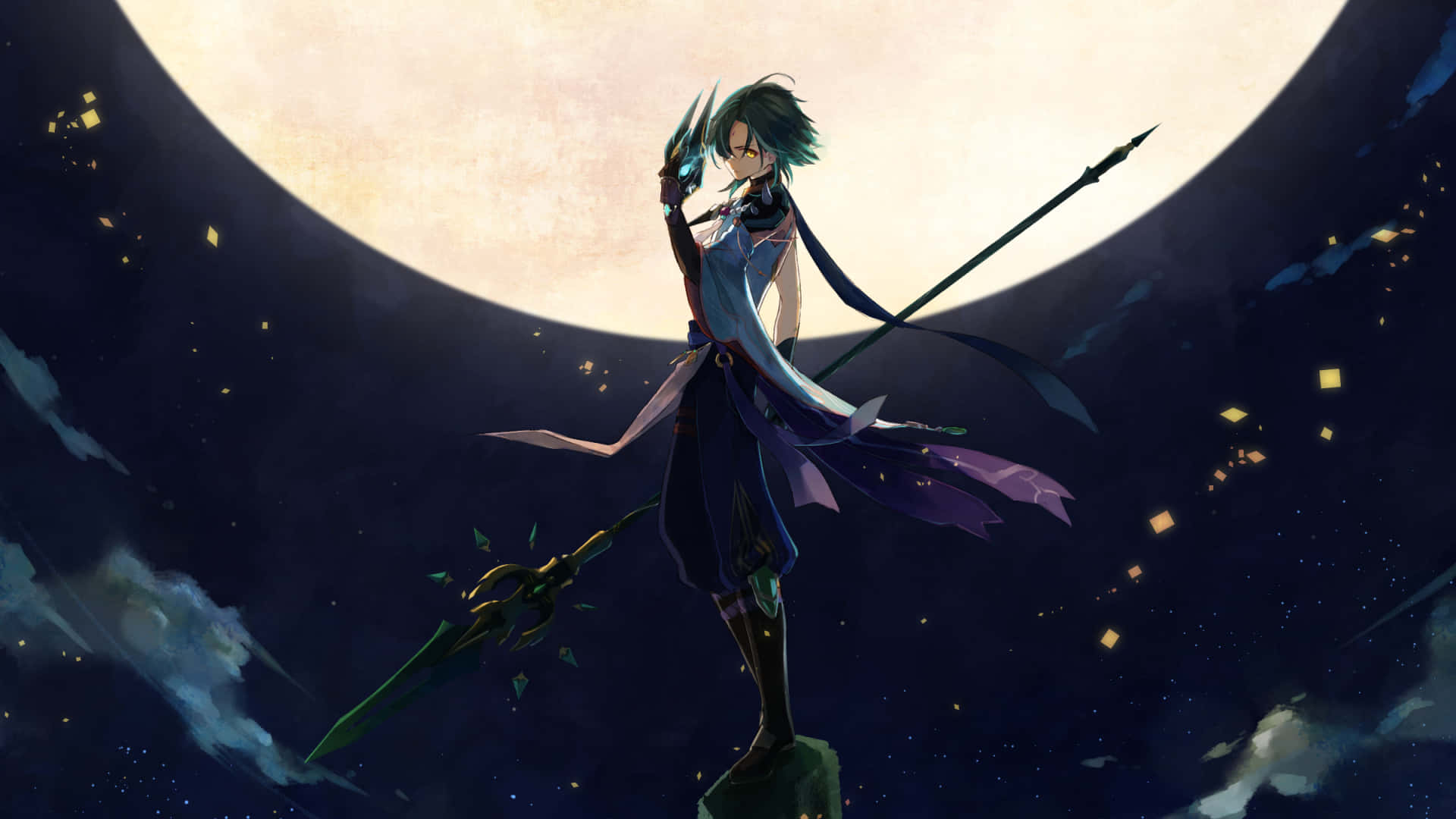 Genshin Impact, Xiao, glowing moon, Full HD Desktop Wallpaper