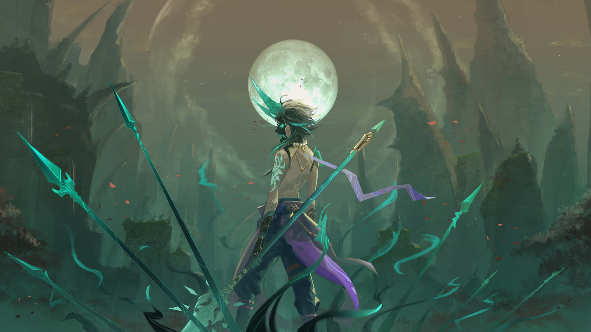 Genshin Impact, Xiao, teal hair, Full HD Desktop Wallpaper