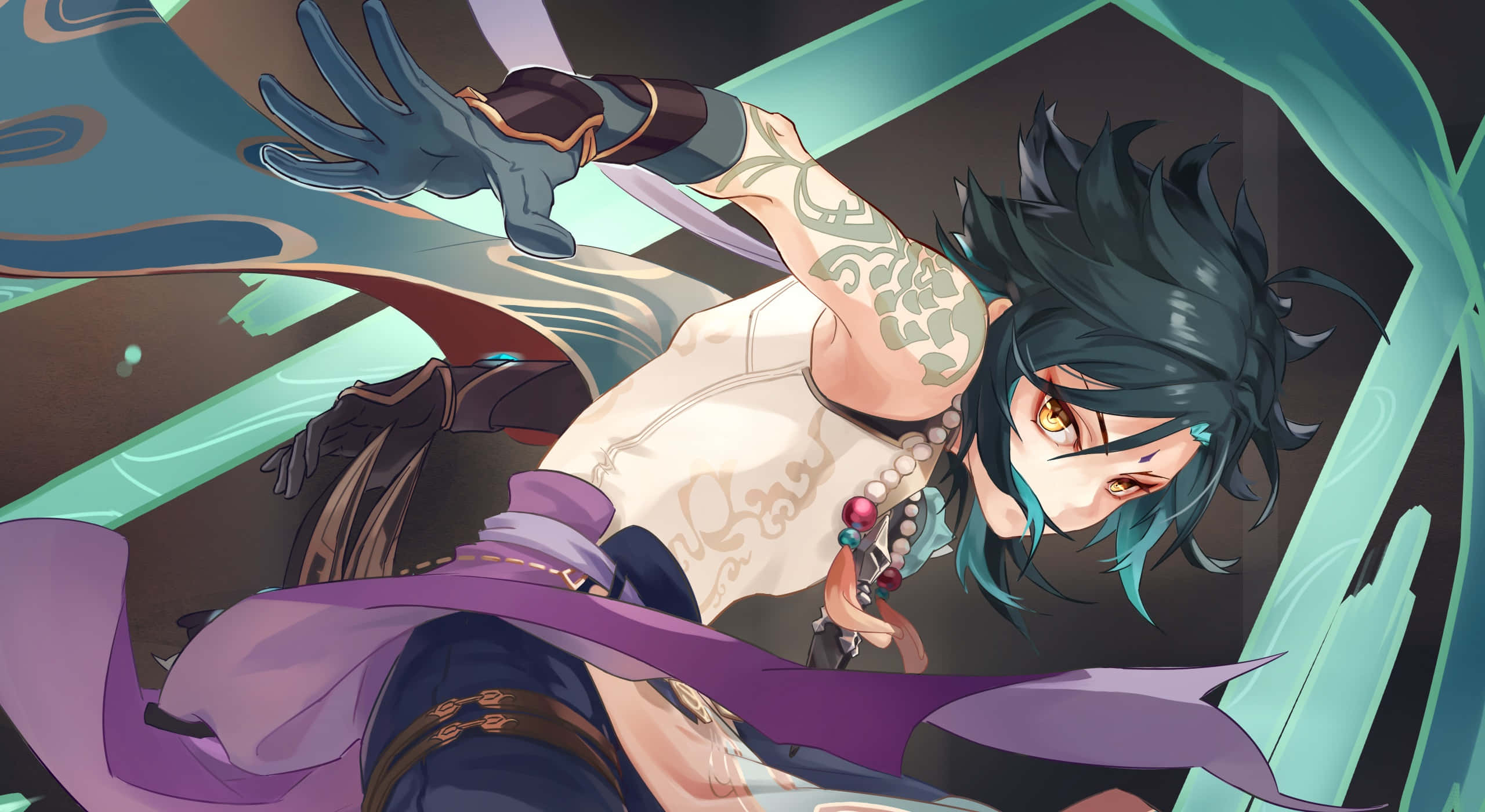 Genshin Impact, Xiao, teal hair, 2K Desktop Wallpaper