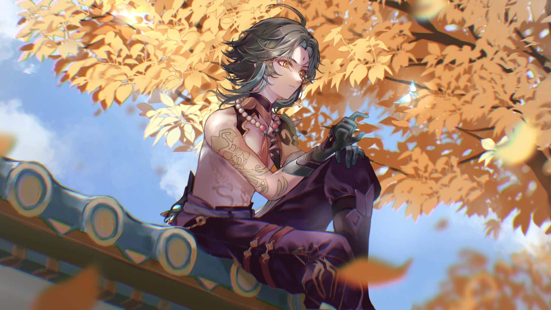 Genshin Impact, Xiao, golden autumn tree, Full HD Desktop Wallpaper