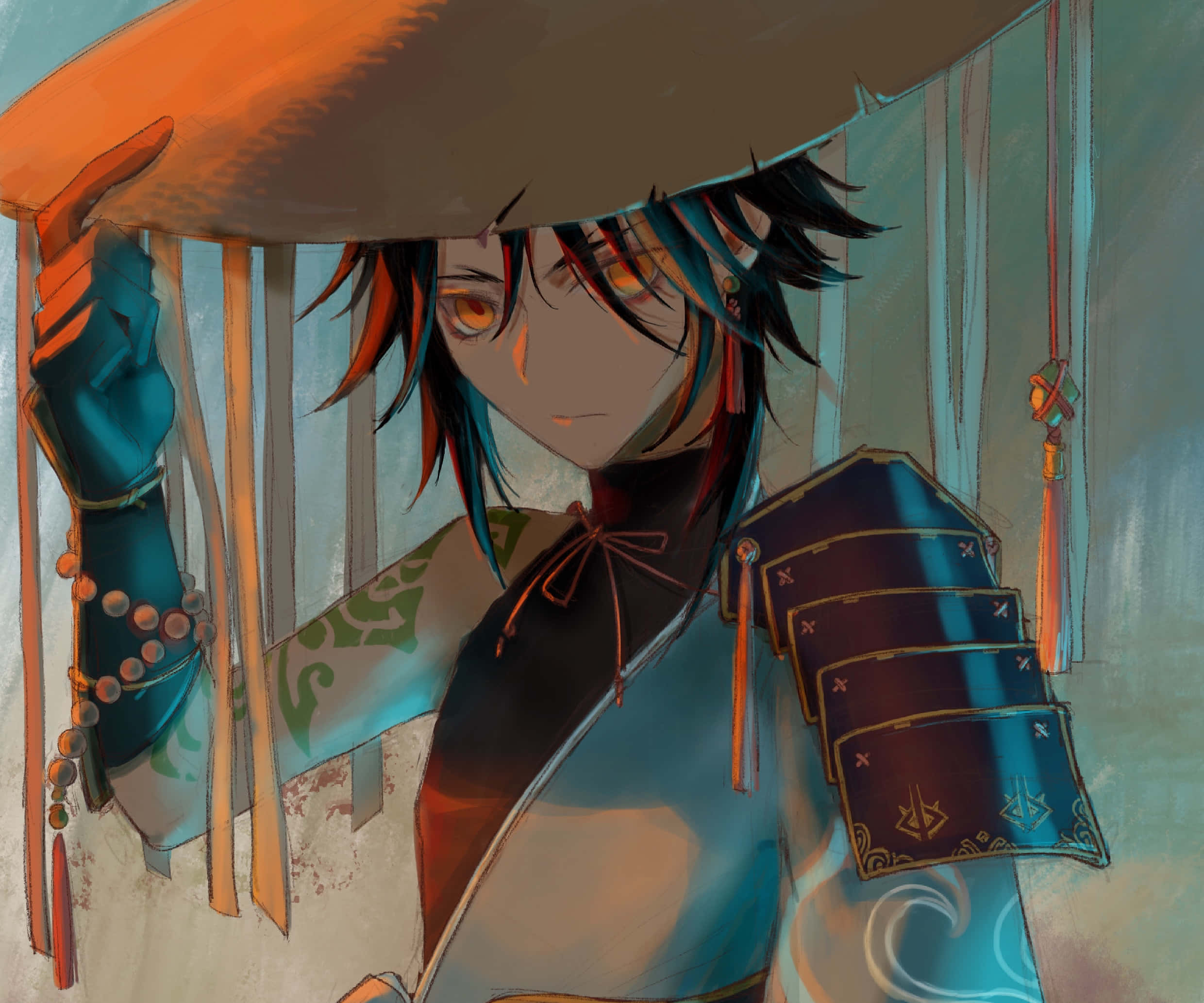 Genshin Impact, Xiao, orange eyes, Full HD Desktop Wallpaper