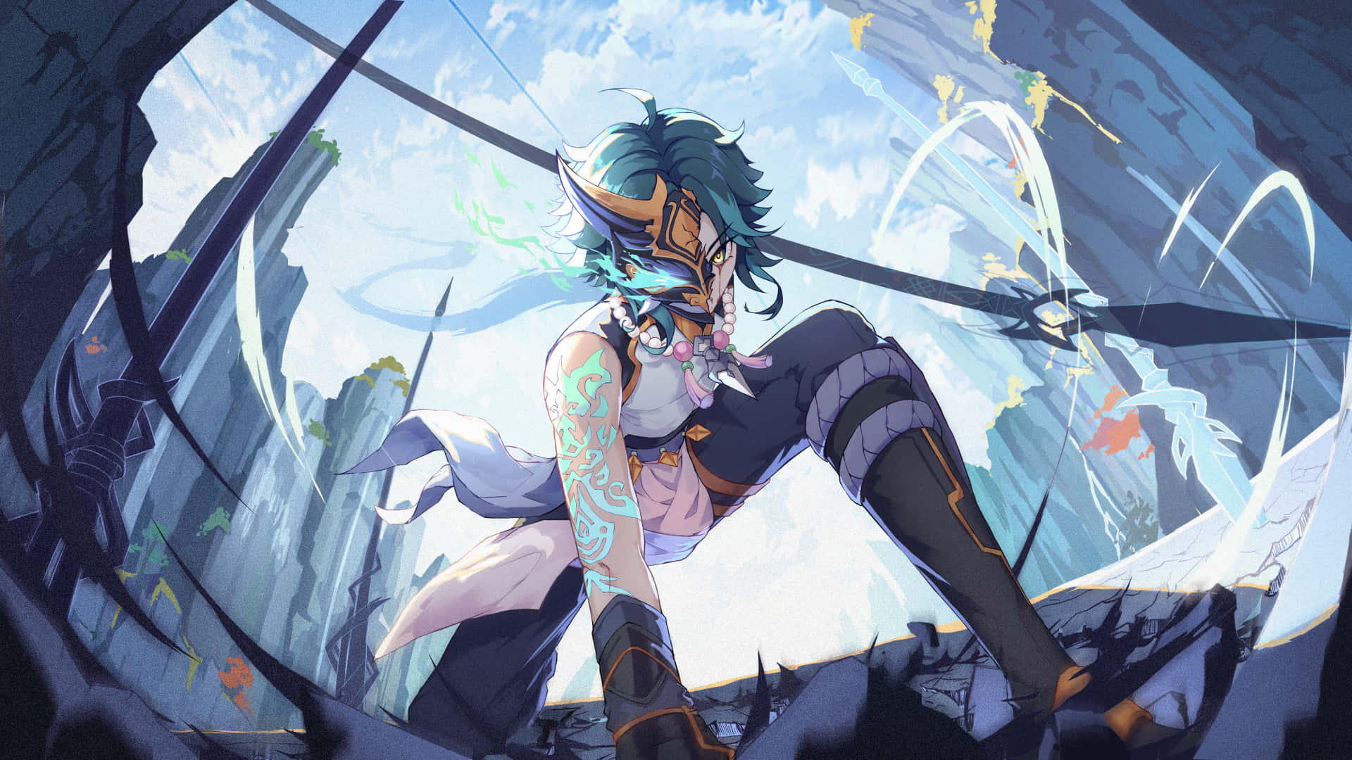 Genshin Impact, Xiao, green hair, Full HD Desktop Wallpaper