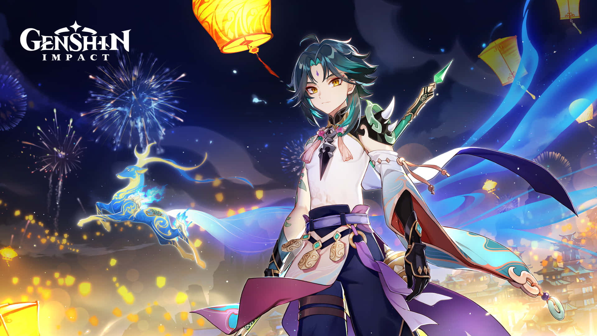Genshin Impact, Xiao, teal hair, Full HD Desktop Wallpaper