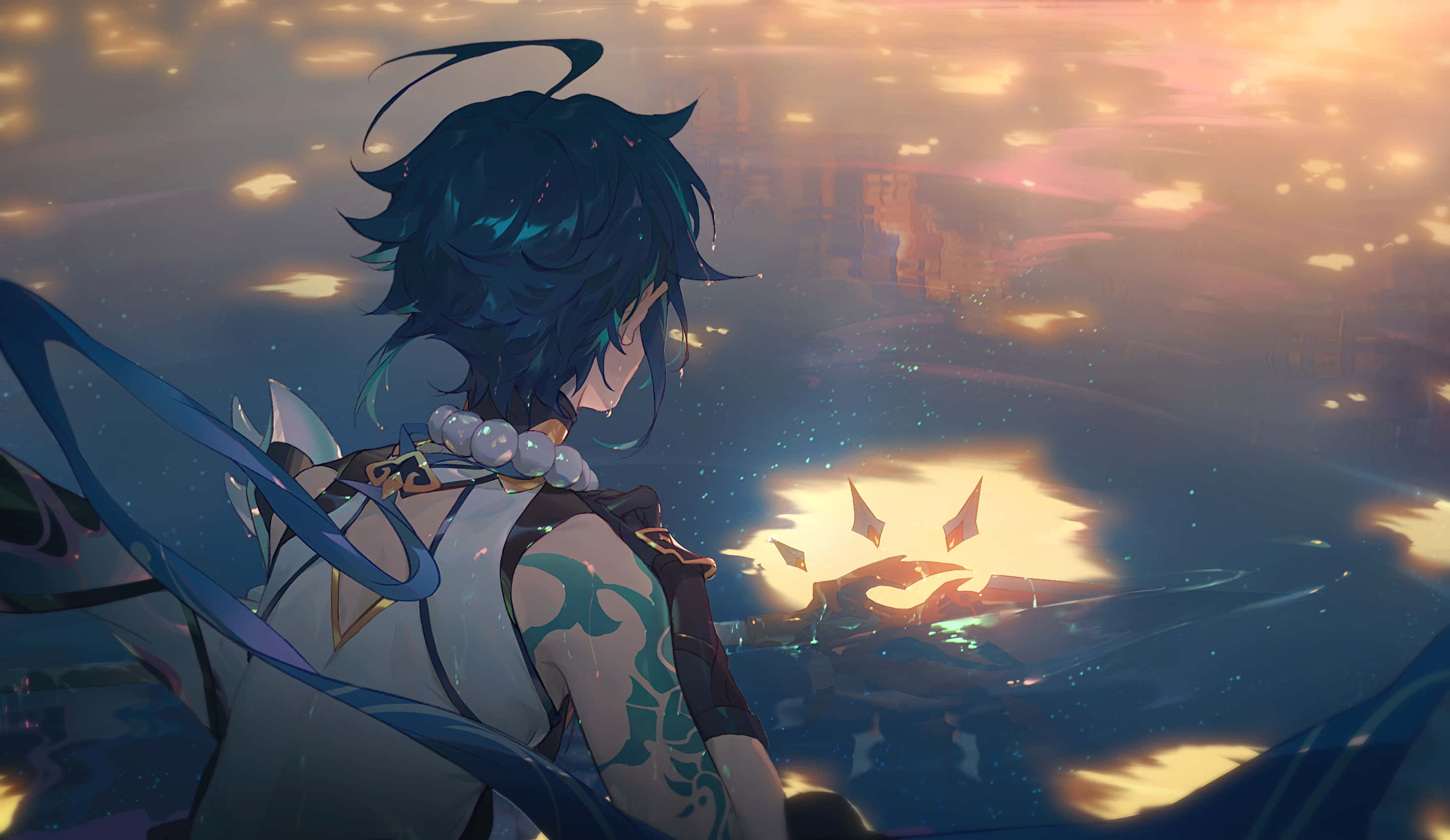 Genshin Impact, Xiao, blue ribbons, 2K Desktop Wallpaper