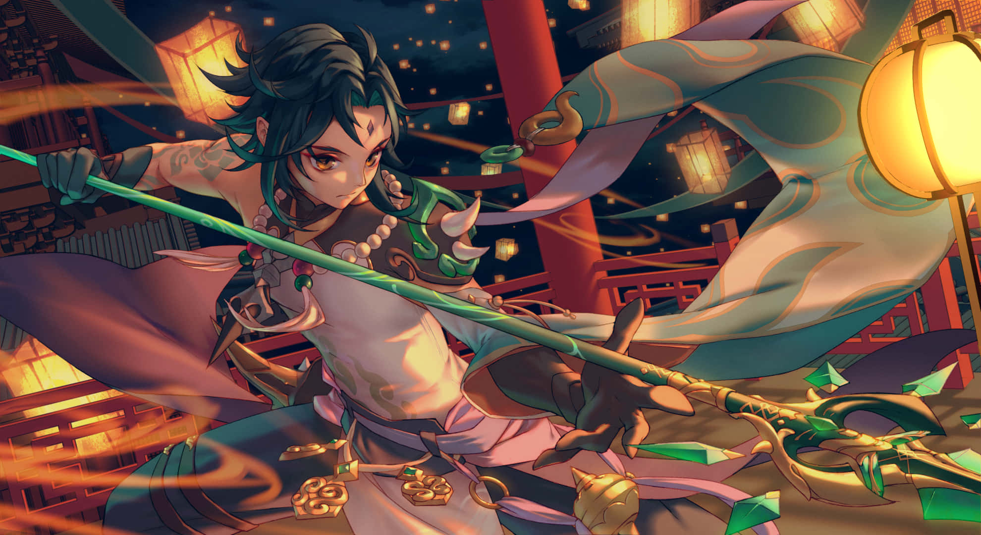 Genshin Impact Xiao, green staff, glowing lanterns, Full HD Desktop Wallpaper