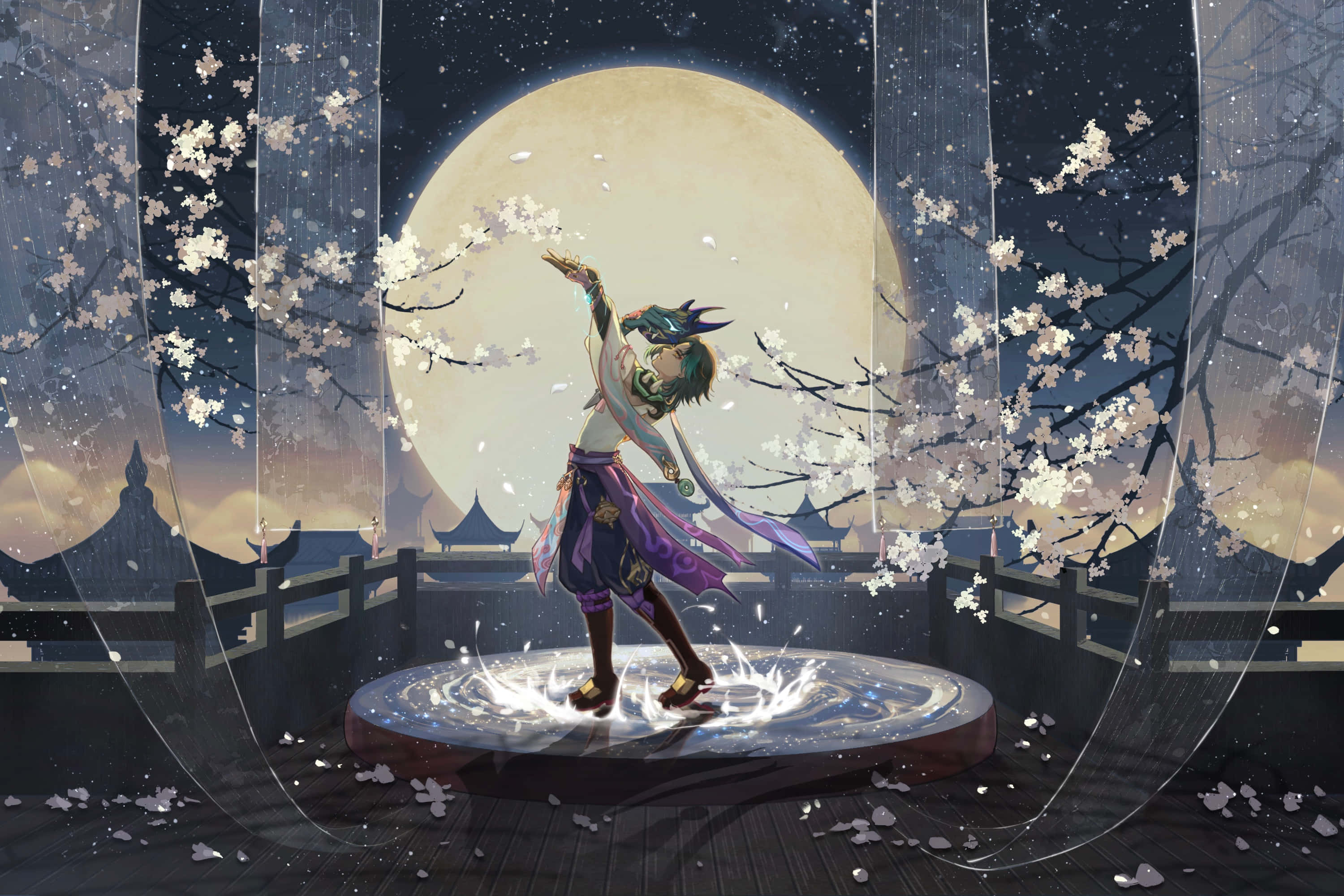 Genshin Impact, Xiao, full moon, 2K Desktop Wallpaper