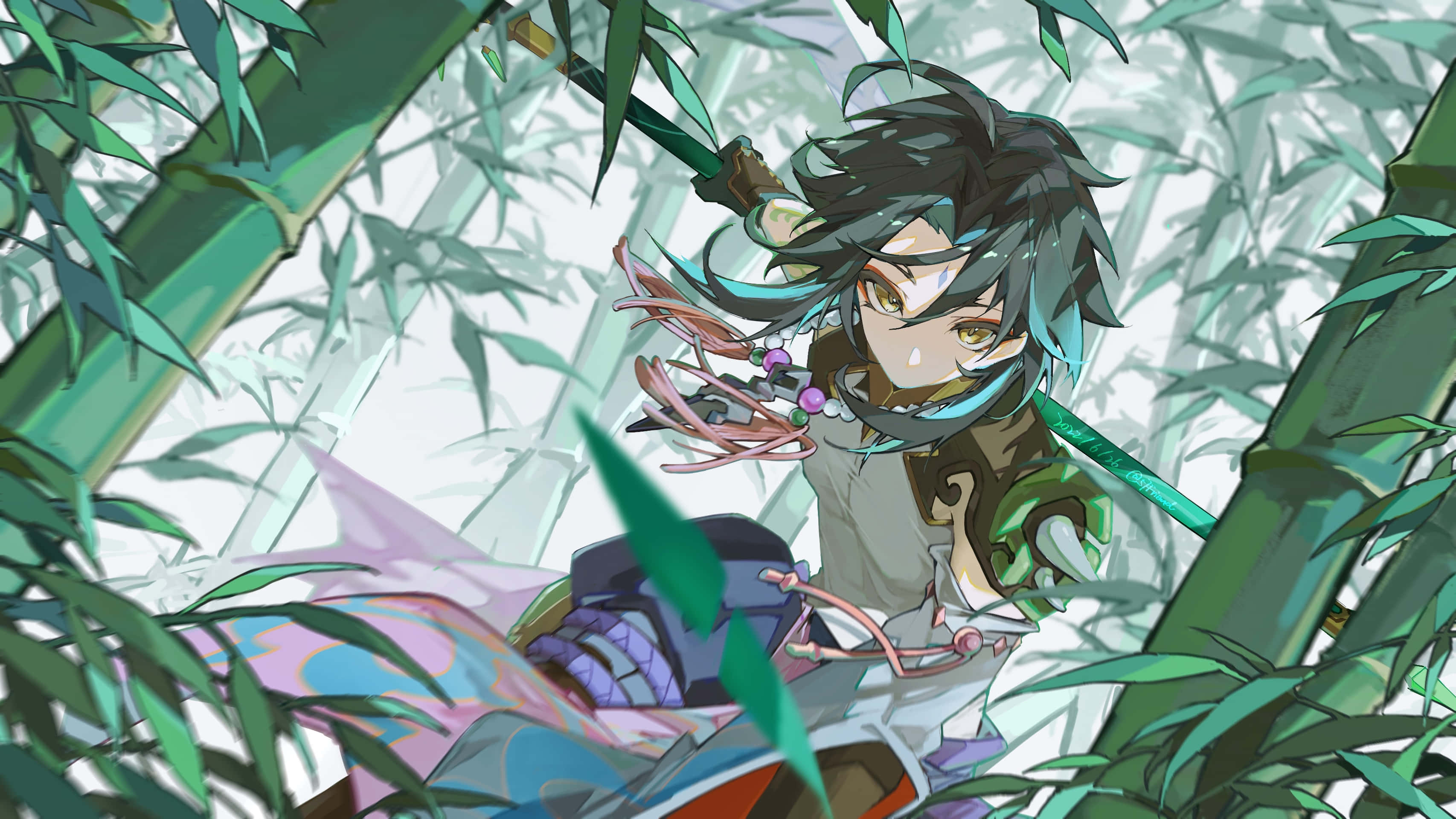 Genshin Impact, Xiao, teal hair, 2K Desktop Wallpaper