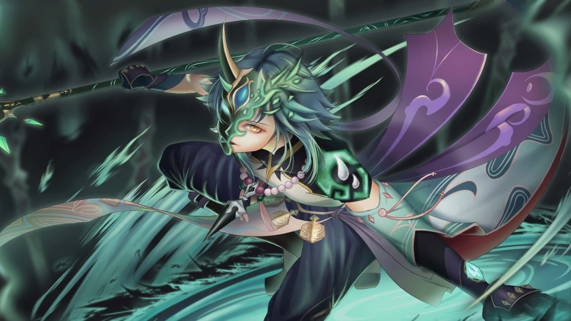 Genshin Impact Xiao, teal hair, glowing sword, Full HD Desktop Wallpaper