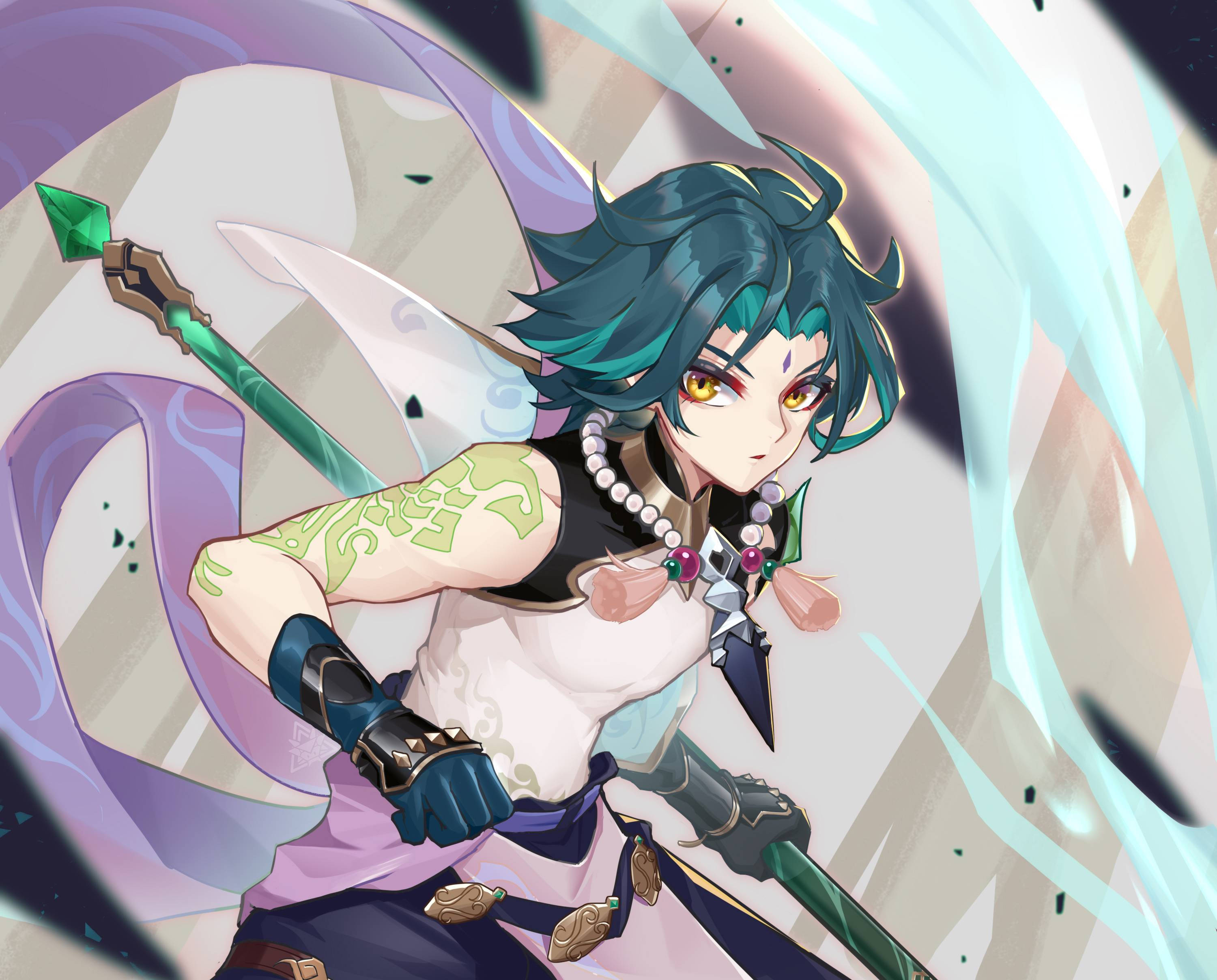 Genshin Impact, Xiao, spear, 2K Desktop Wallpaper