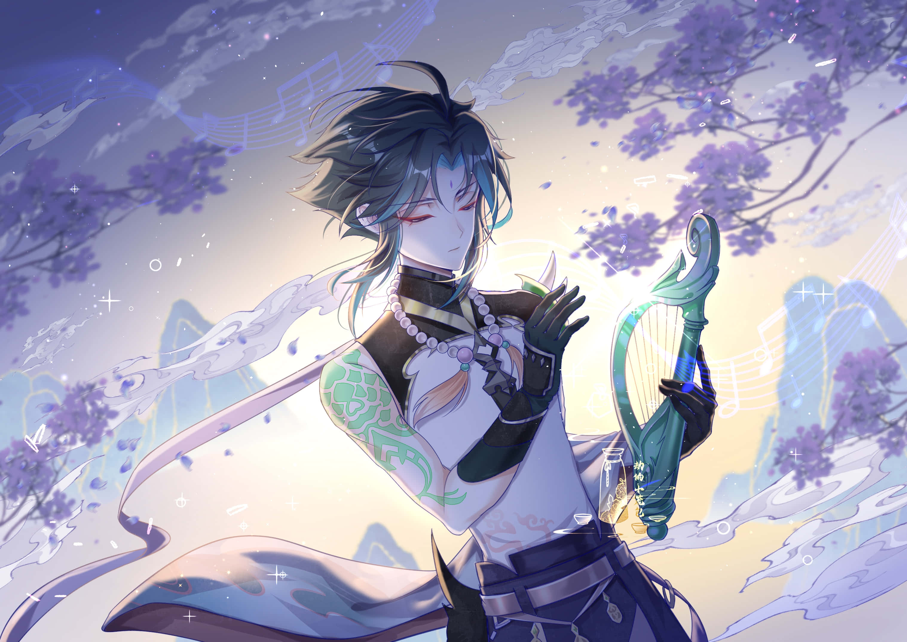 Genshin Impact, Xiao, glowing harp, 2K Desktop Wallpaper