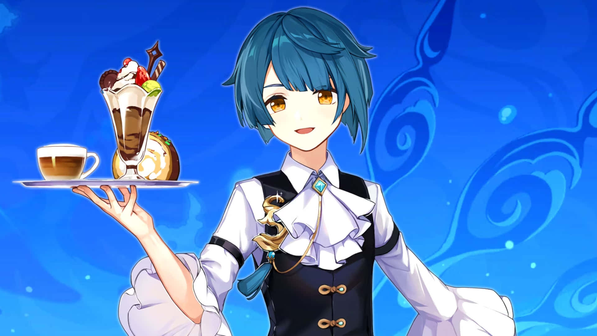 Genshin Impact, Xingqiu, teal hair, Full HD Desktop Wallpaper