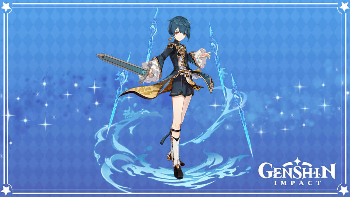 Xingqiu, Genshin Impact, blue-haired anime warrior, SD Desktop Wallpaper
