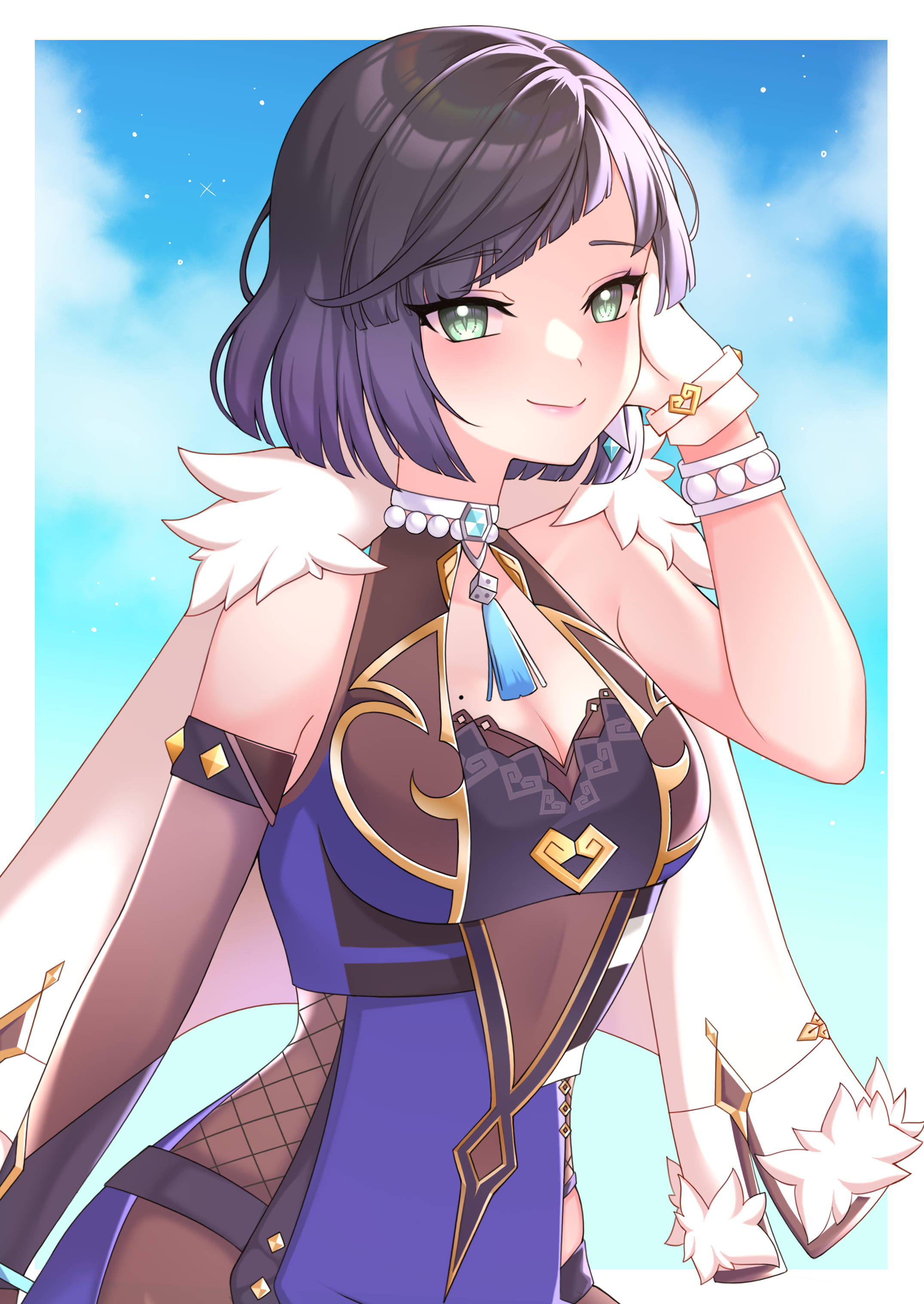 Genshin Impact Yelan, purple hair, green eyes, 2K Phone Wallpaper