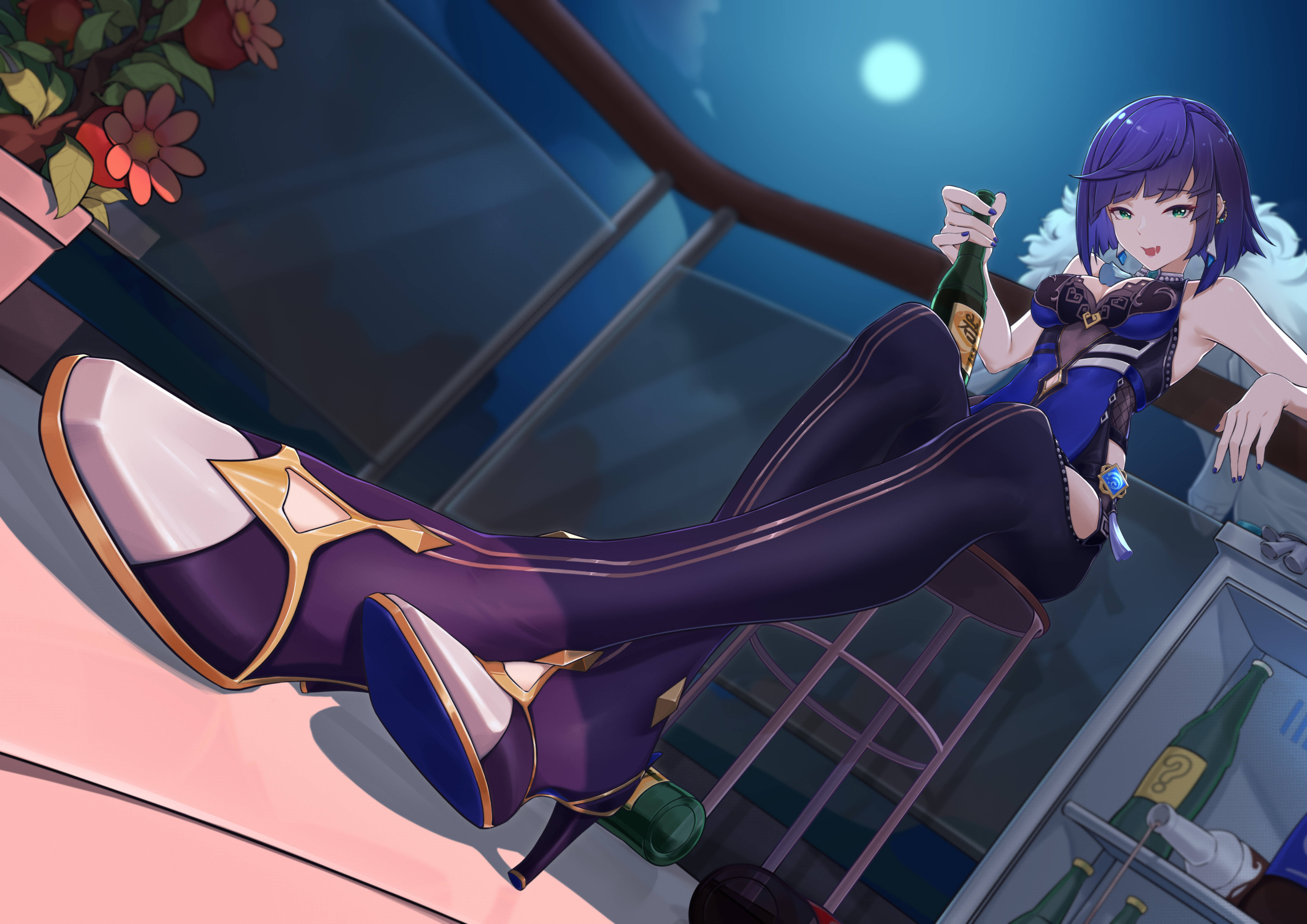 Genshin Impact Yelan, purple-haired anime girl, balcony at night, 5K Desktop Wallpaper