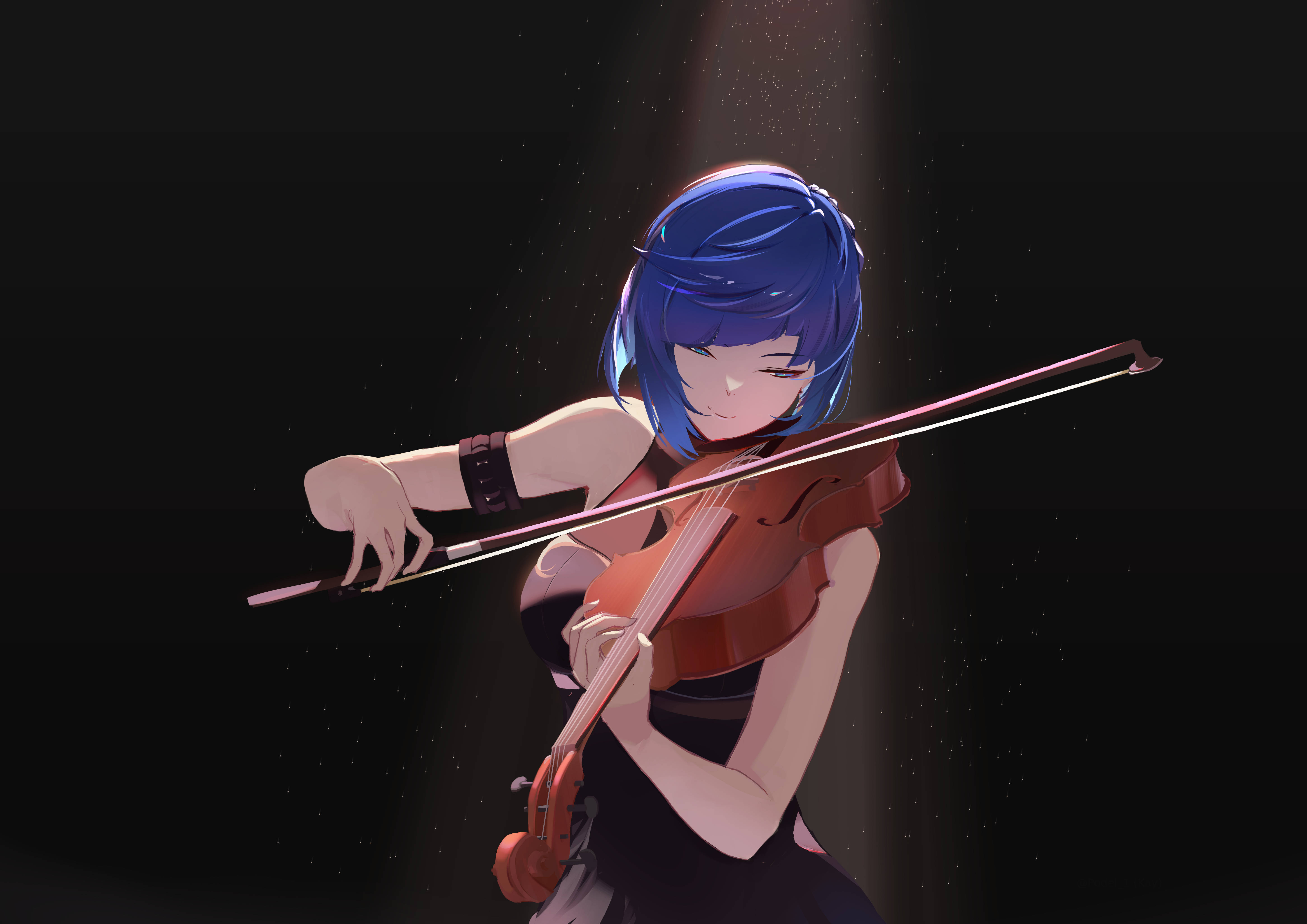 Genshin Impact Yelan, blue-haired anime girl, violin, 5K Desktop Wallpaper