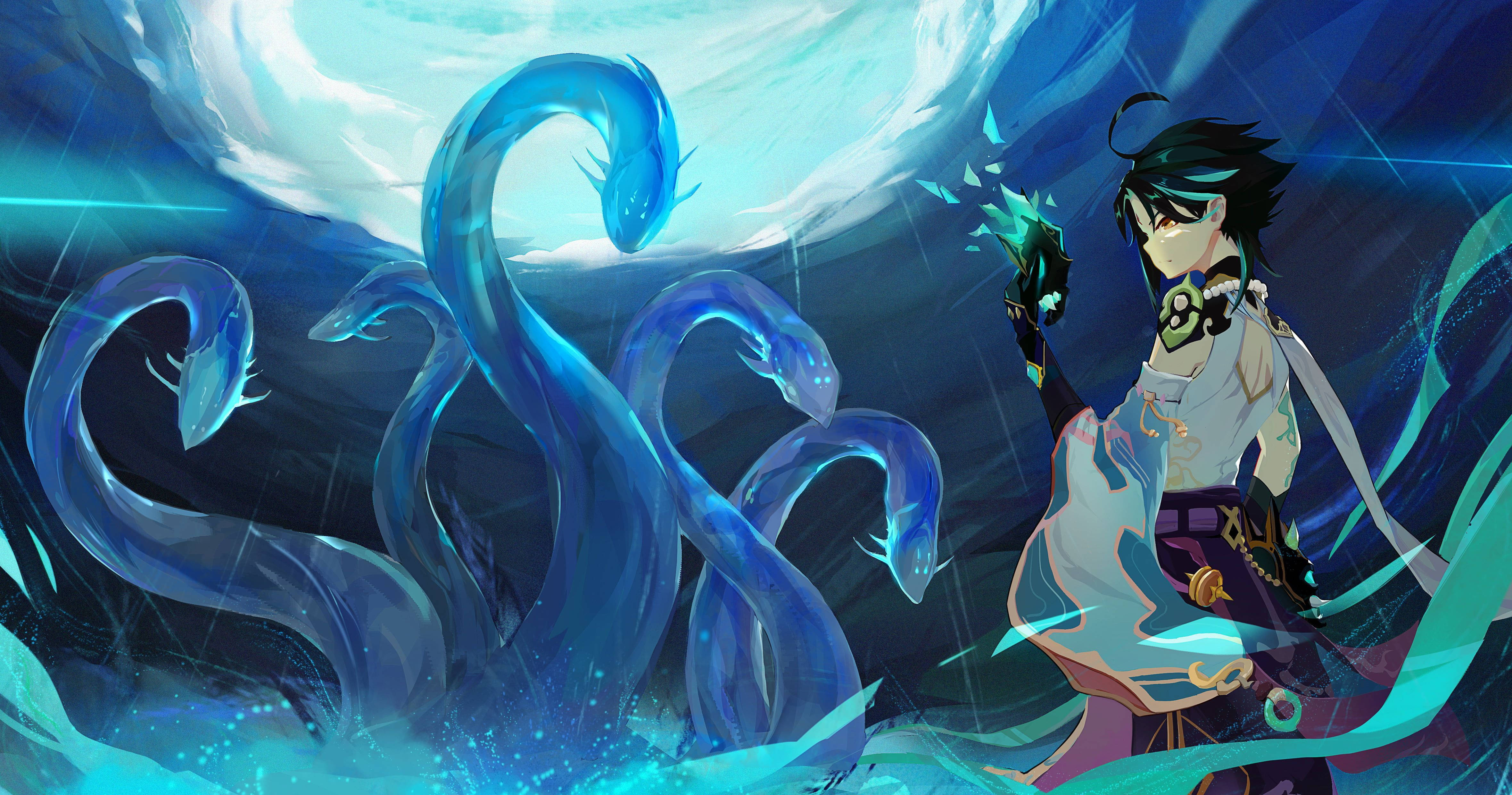 Genshin Impact, anime gaming, blue waves dragon, 4K Desktop Wallpaper