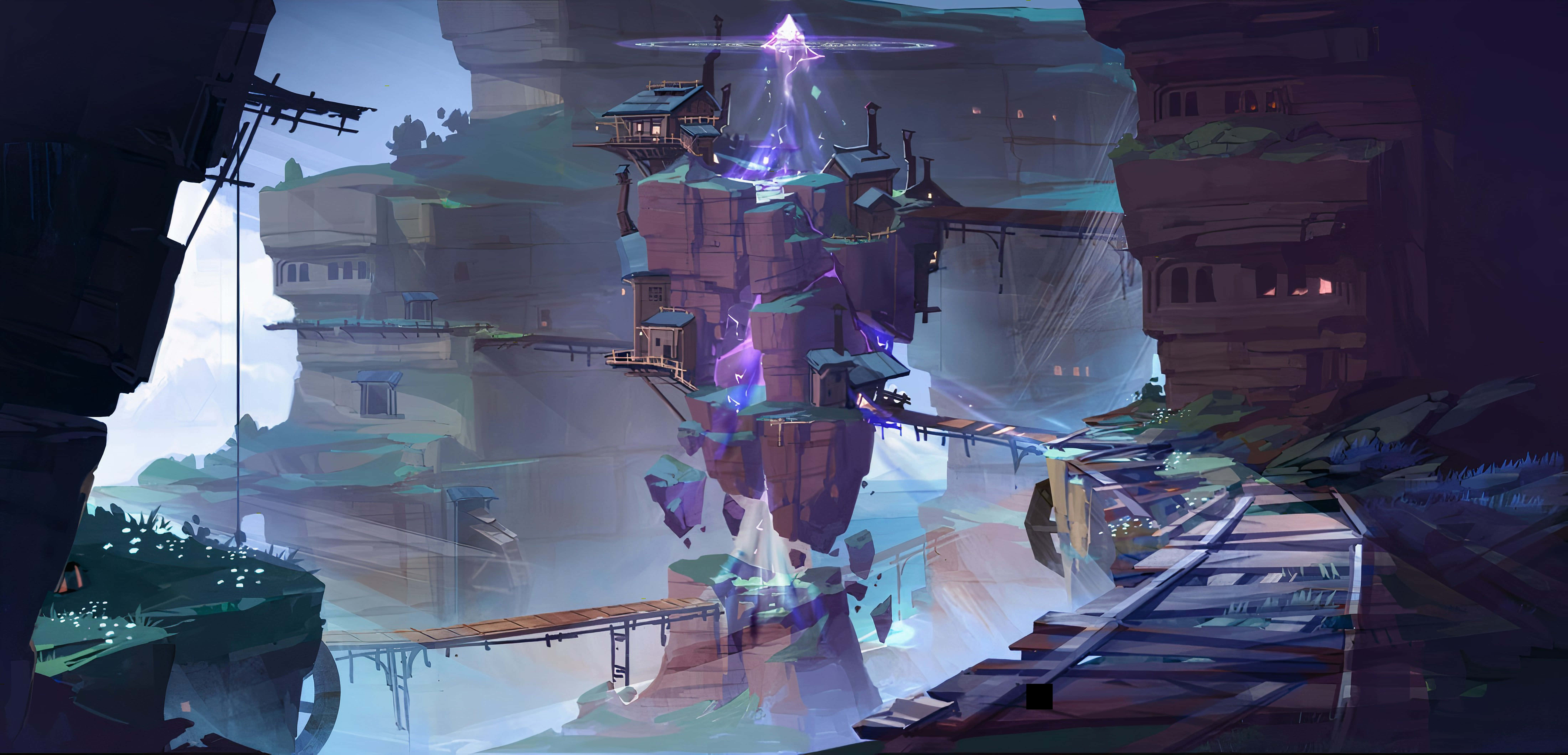 mystical floating village, glowing purple energy, misty canyon, 8K Desktop Wallpaper