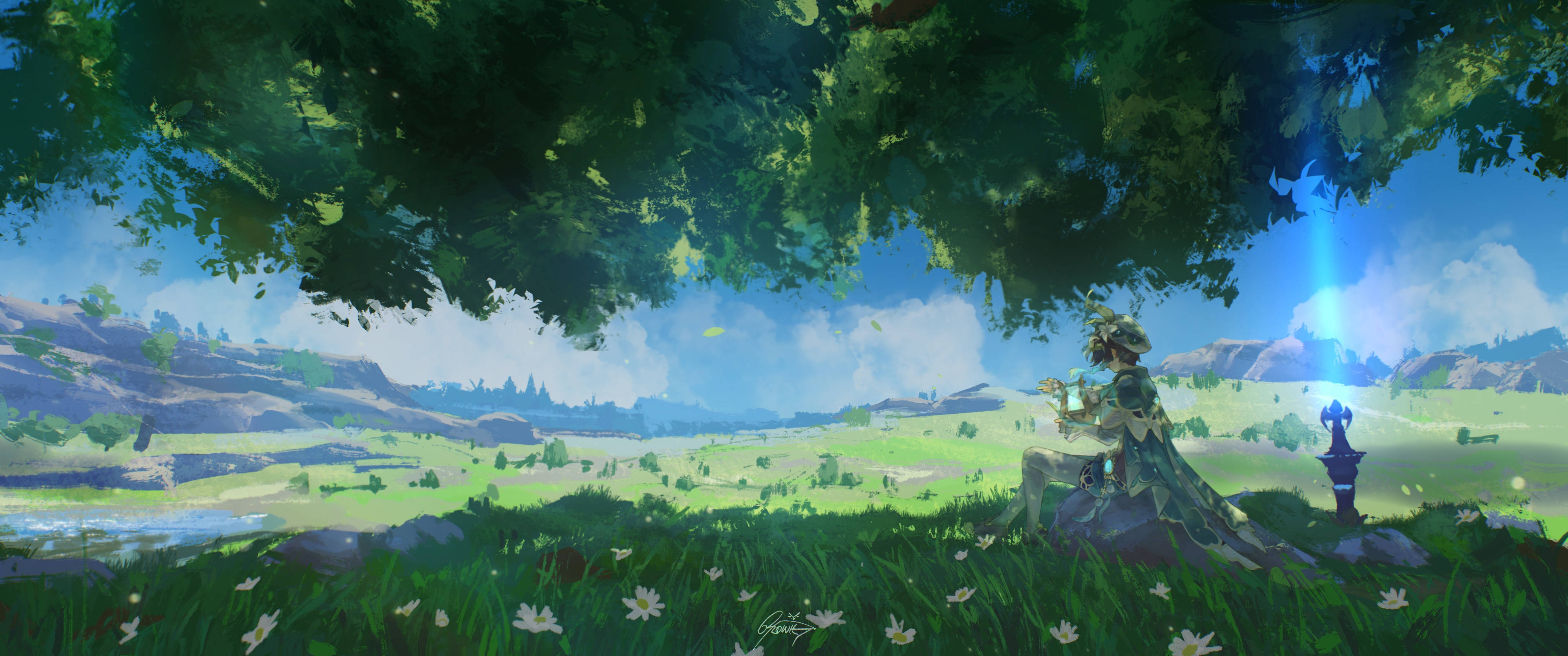 Genshin Venti, underneath the trees, sunlit valley, 4K Desktop Wallpaper