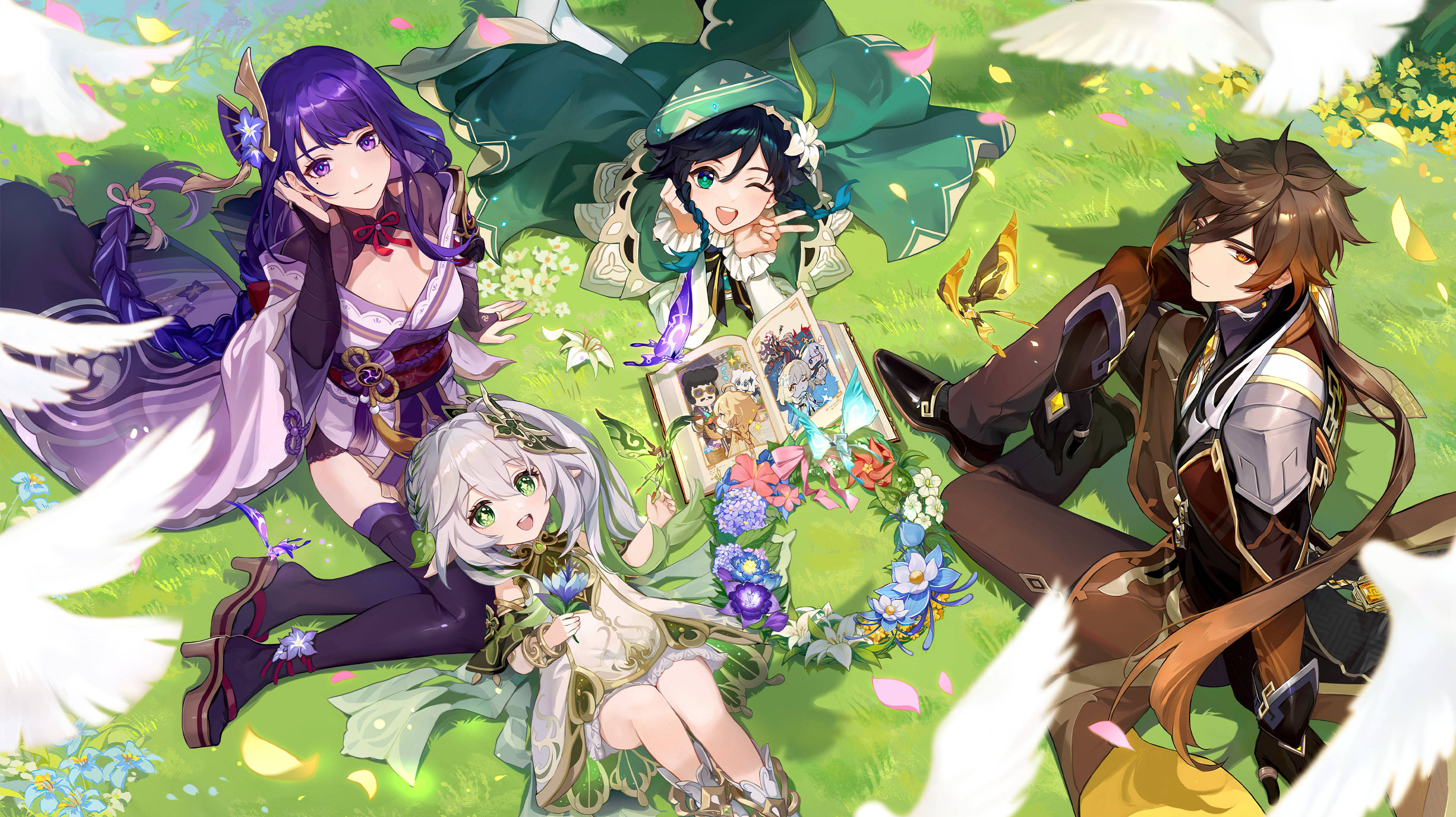 Genshin Venti, archons, vibrant green meadow, 4K Desktop Wallpaper