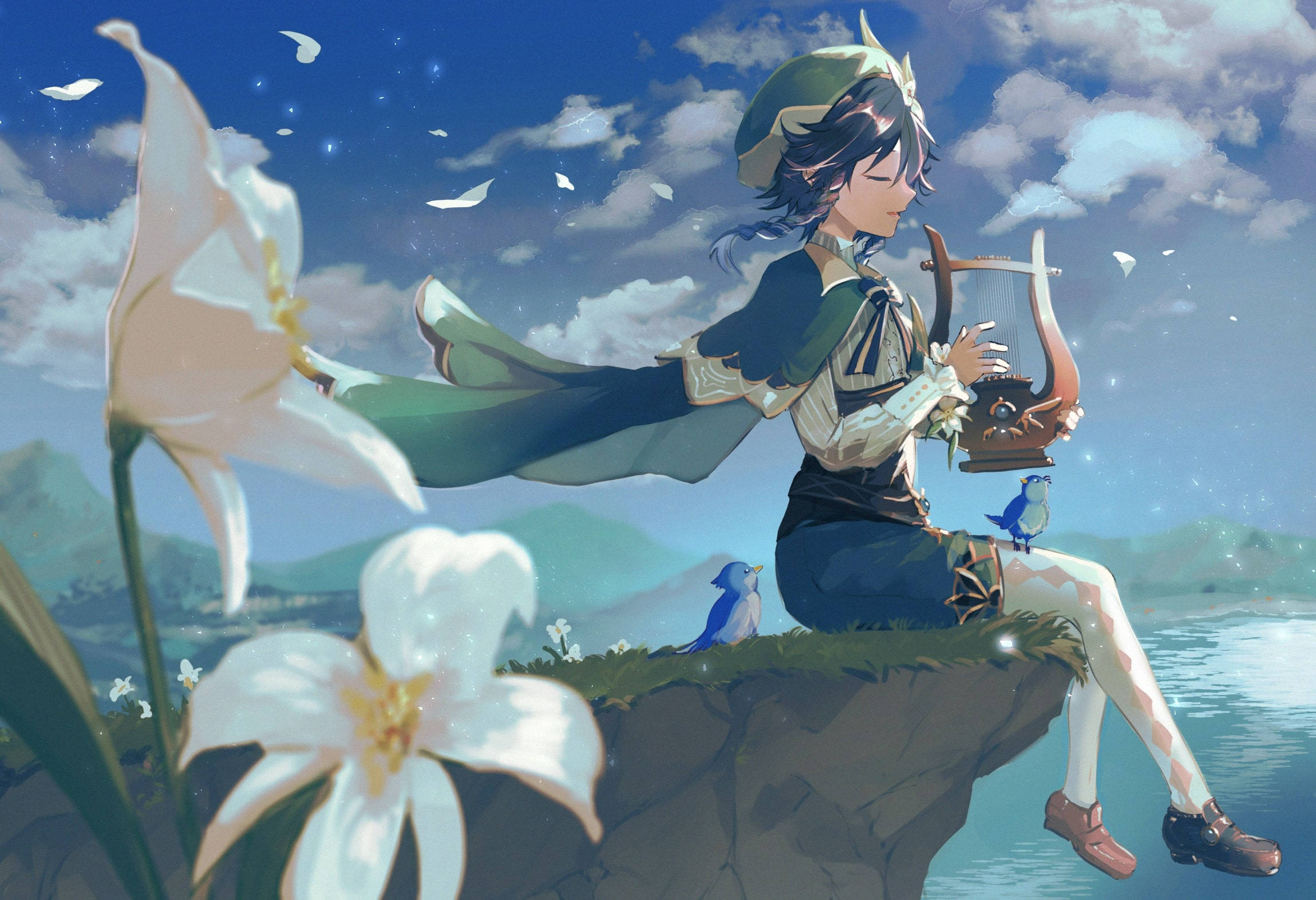 Genshin Venti, Cecilia flowers, cliffside, Full HD Desktop Wallpaper