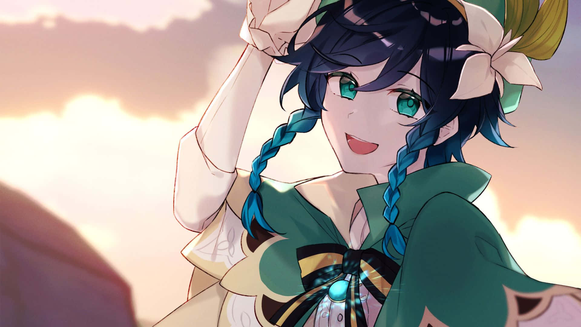 Venti, anime girl, blue braids, Full HD Desktop Wallpaper