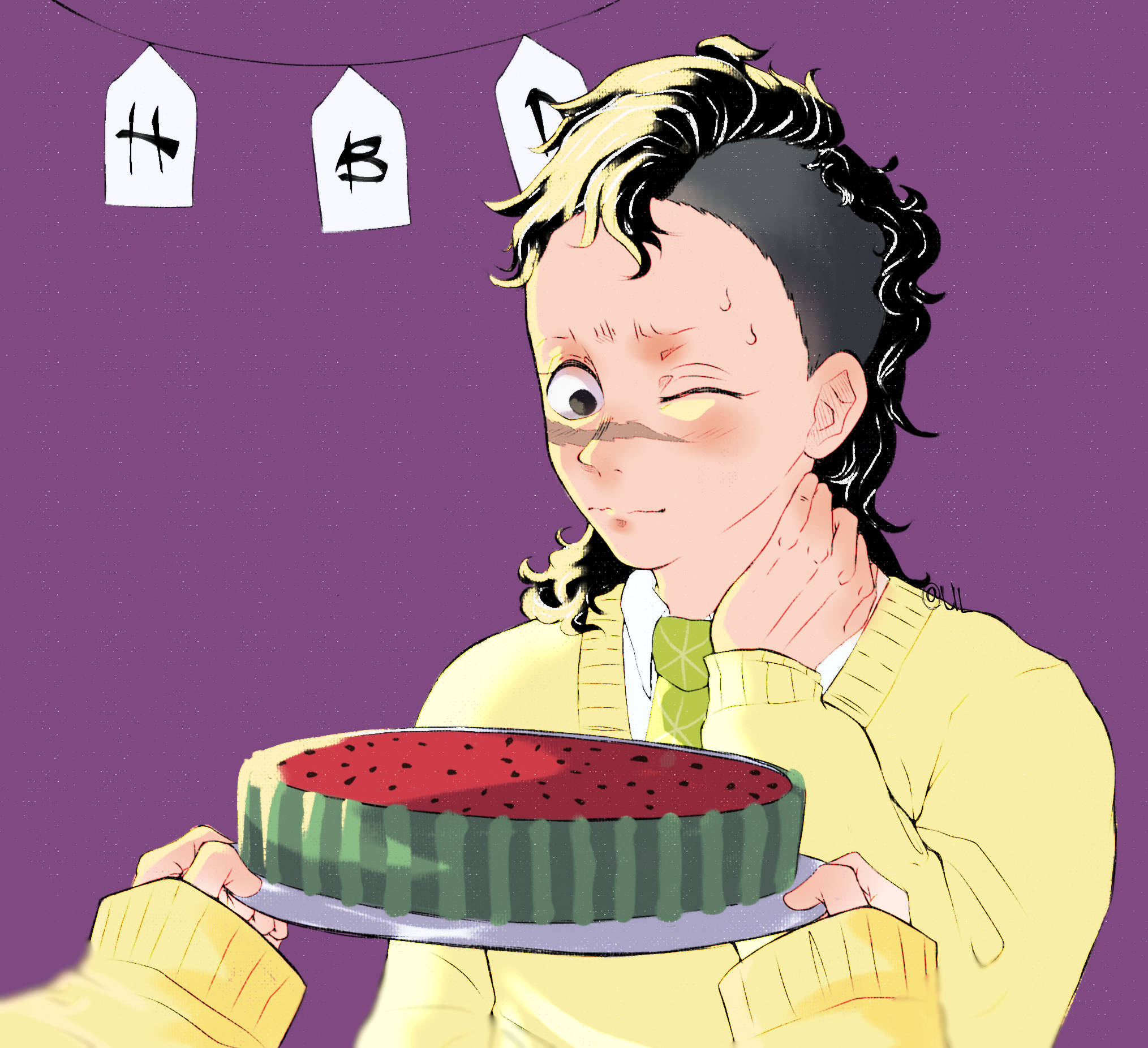 Genya, watermelon cake, purple birthday banners, Full HD Desktop Wallpaper