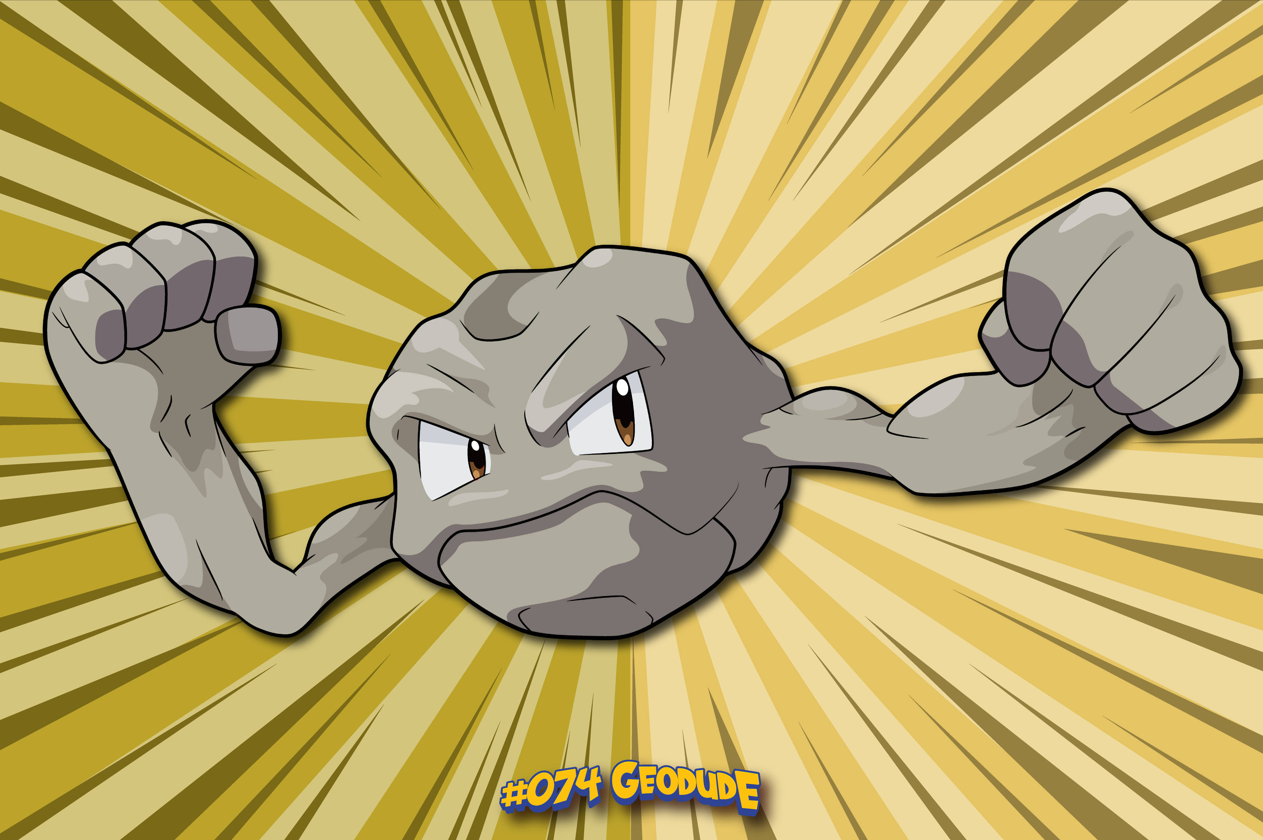 Geodude, yellow radiating background, cartoon rock monster, 4K Desktop Wallpaper