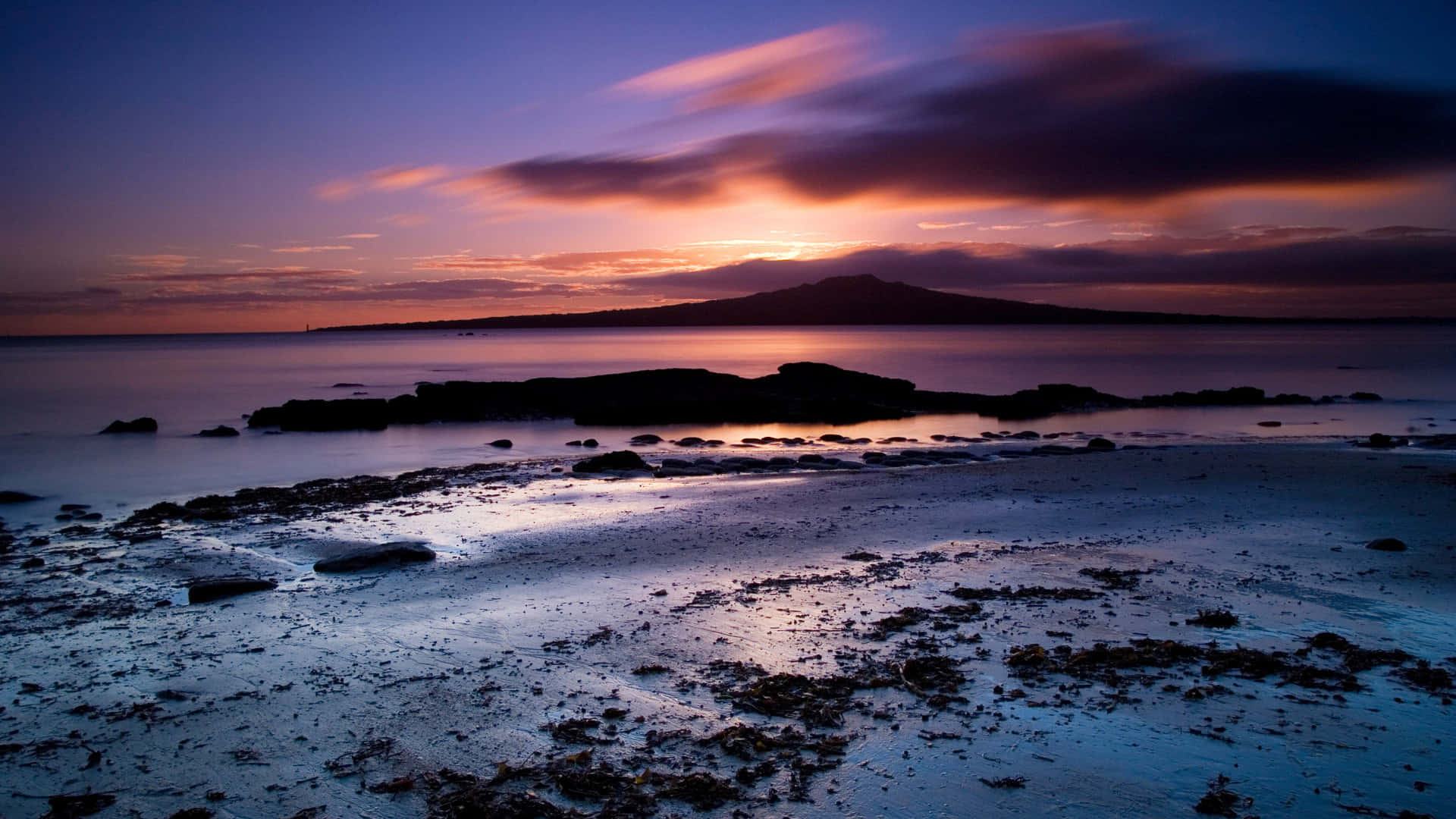 Sunset, beach, glowing purple and orange clouds, Full HD Desktop Wallpaper