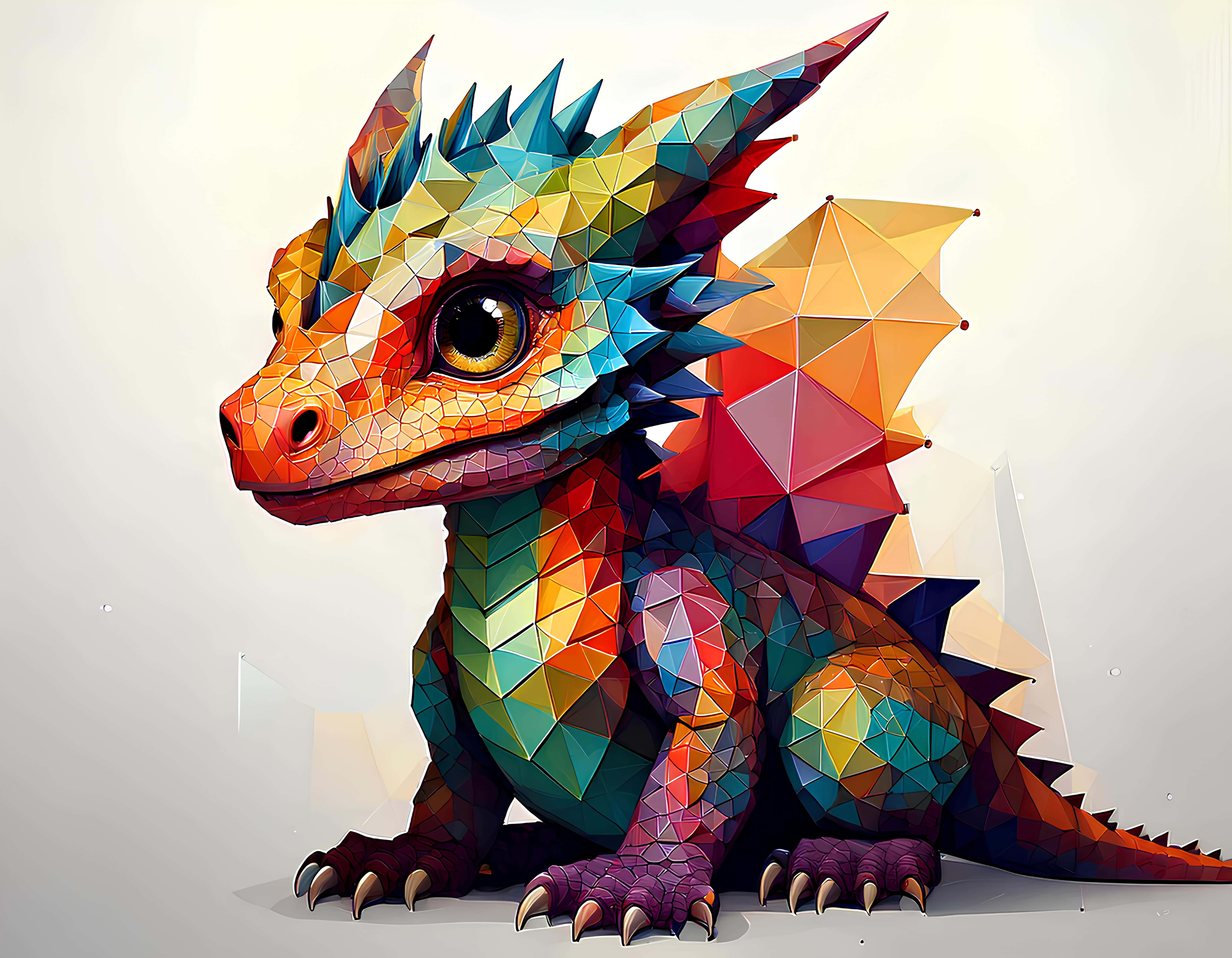 baby dragon, geometric dragon, multicolored polygonal scales, 5K Desktop Wallpaper
