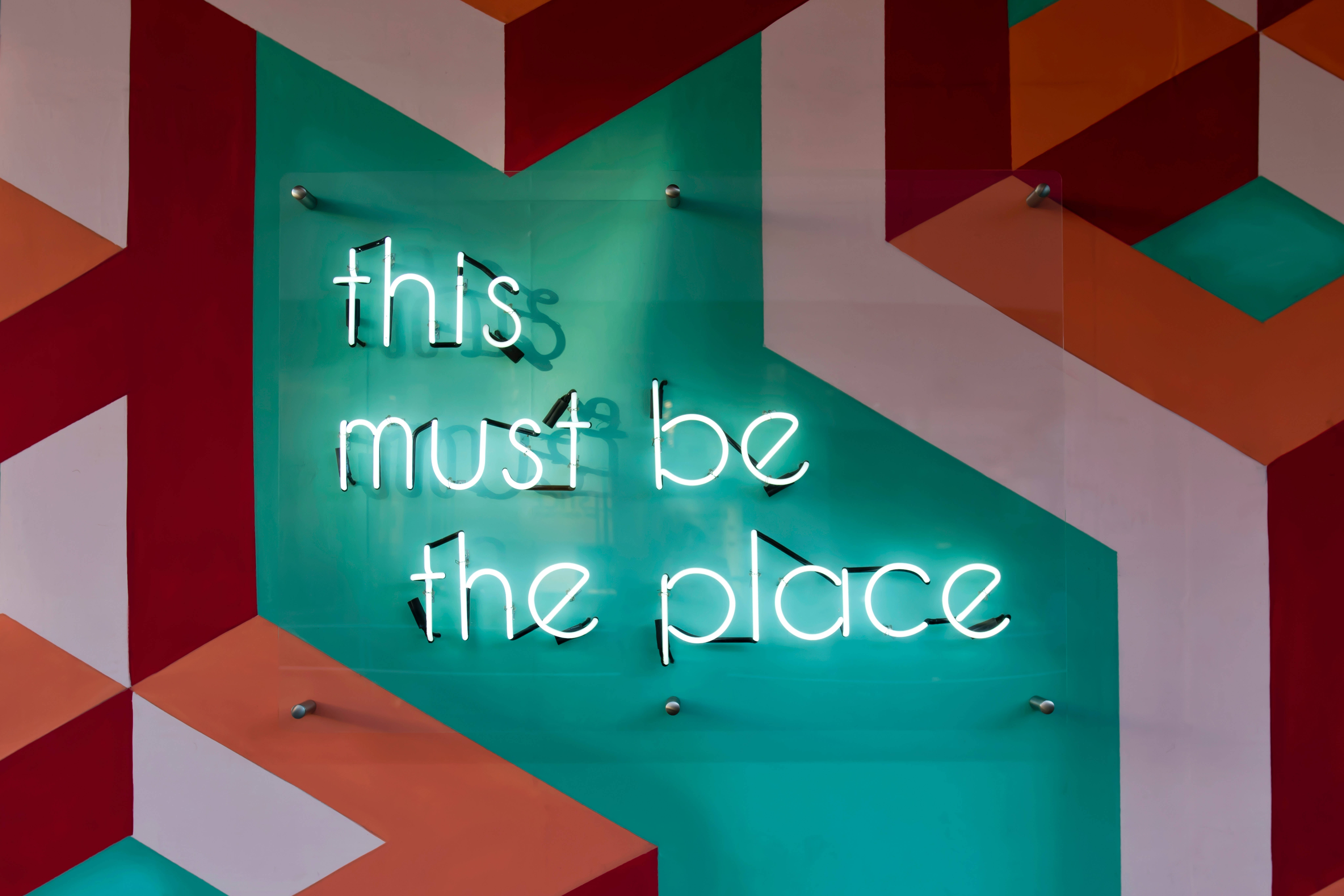 neon sign, this must be the place, colorful geometric wall, 8K Desktop Wallpaper