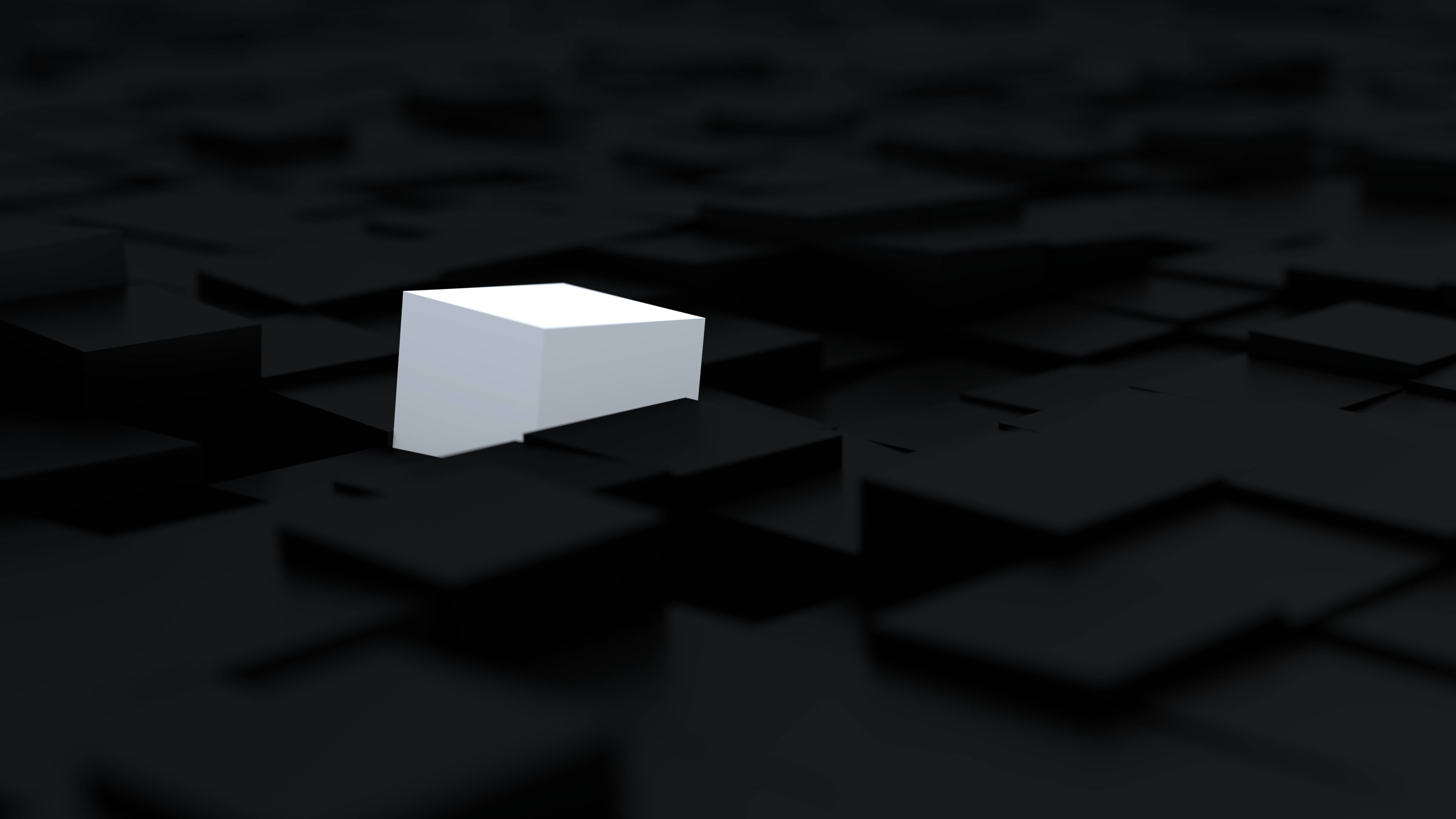 white cube, dark black geometric blocks, minimalist 3d-rendered scene, 5K Desktop Wallpaper