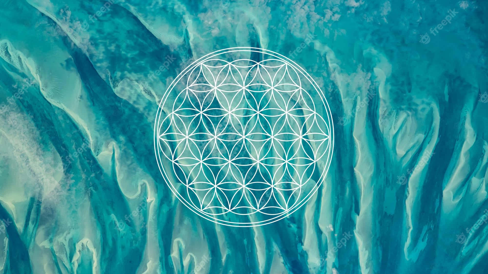 White flower of life geometric pattern, Swirling turquoise and teal abstract water textures, Tranquil sunrise, Full HD Desktop Wallpaper