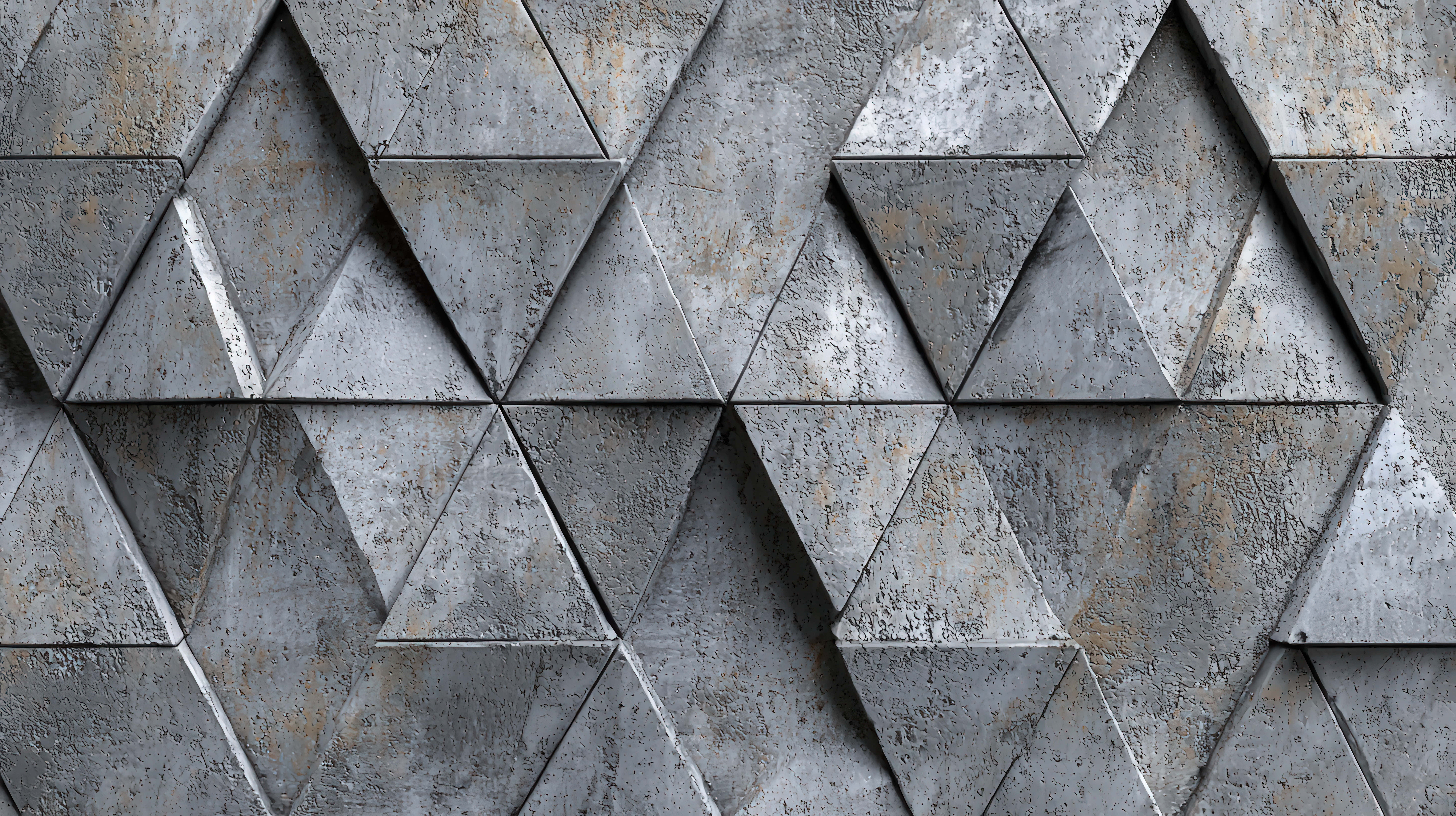 metallic wall, interlocking triangular panels, weathered gray, 8K Desktop Wallpaper