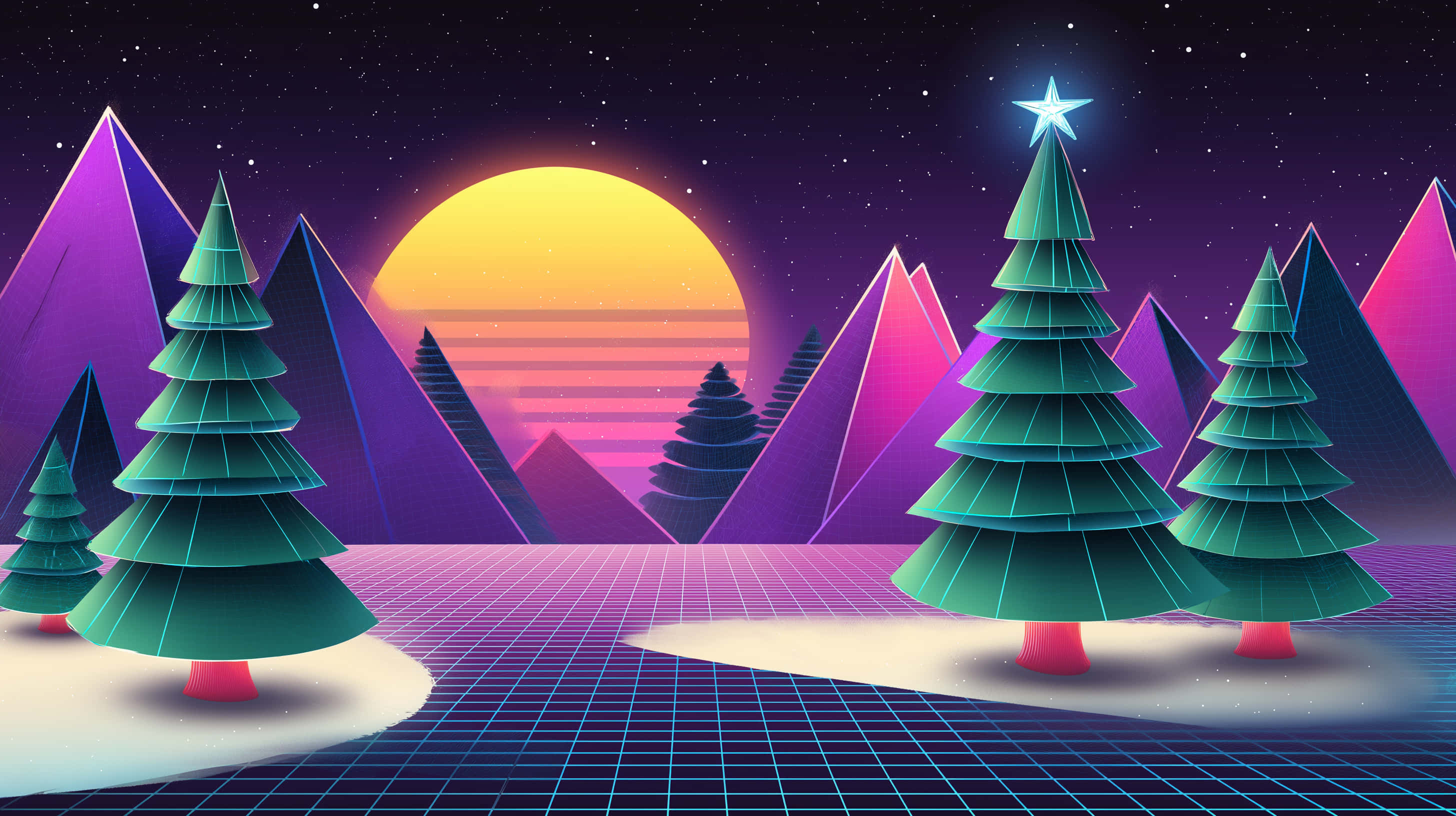 teal trees, neon sunset, geometric purple mountains, 2K Desktop Wallpaper