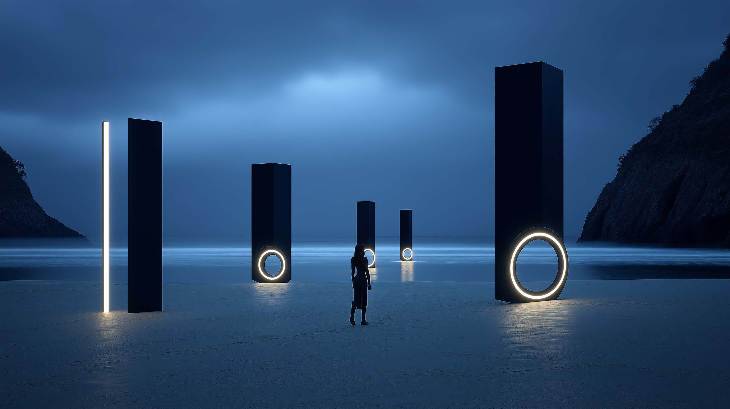 glowing geometric sculptures, twilight sky, misty coastal plain, 2K Desktop Wallpaper